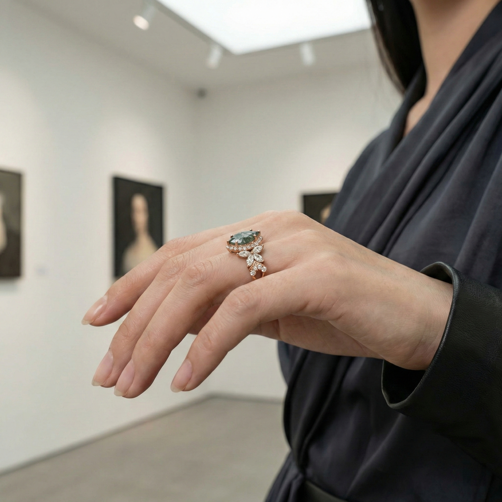 Luxurious Marquise Moss Agate with Moissanite Gold Ring.