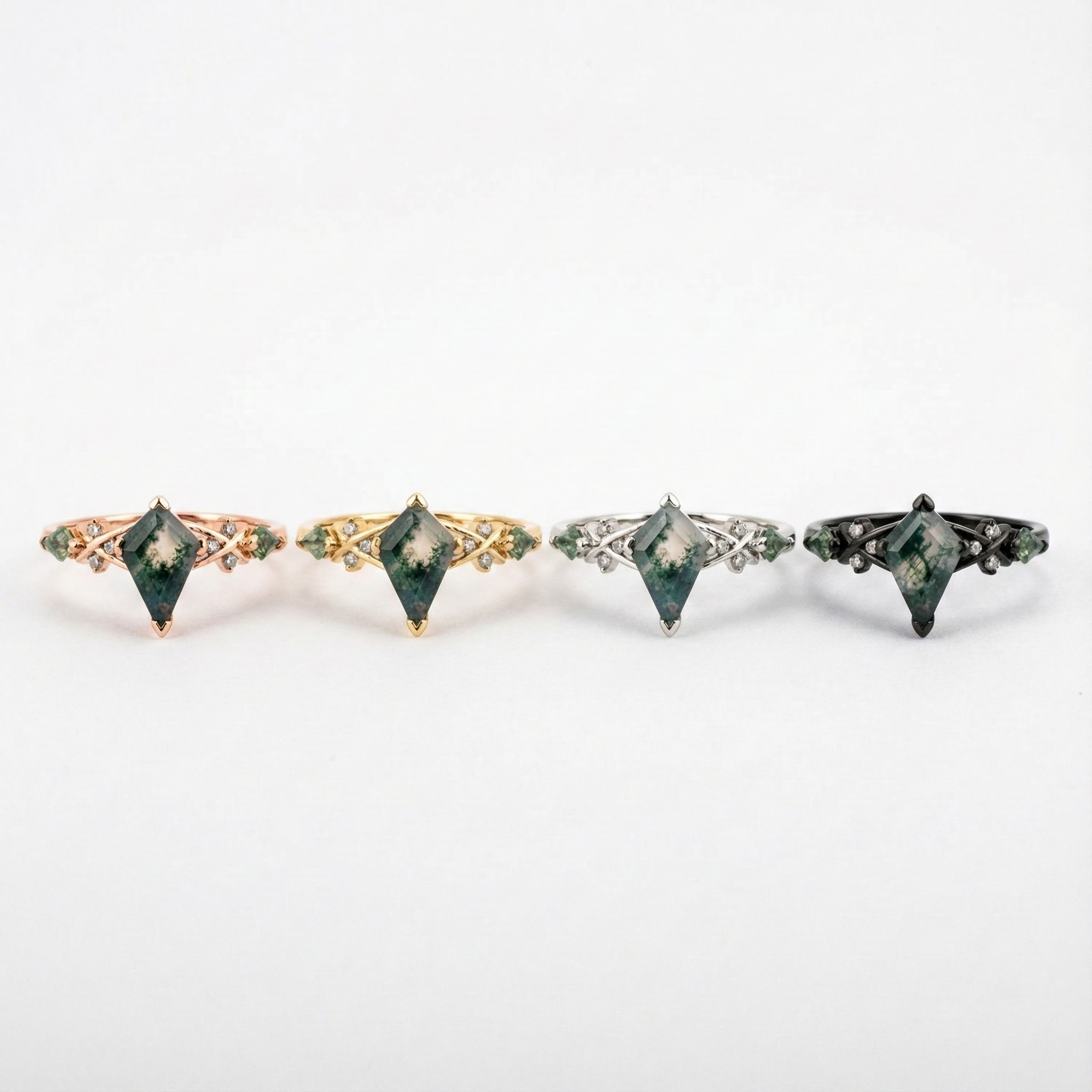 Unique Moss Agate and Moissanite Gemstone Leaf Ring for Women - Organic Nature Inspired Jewelry