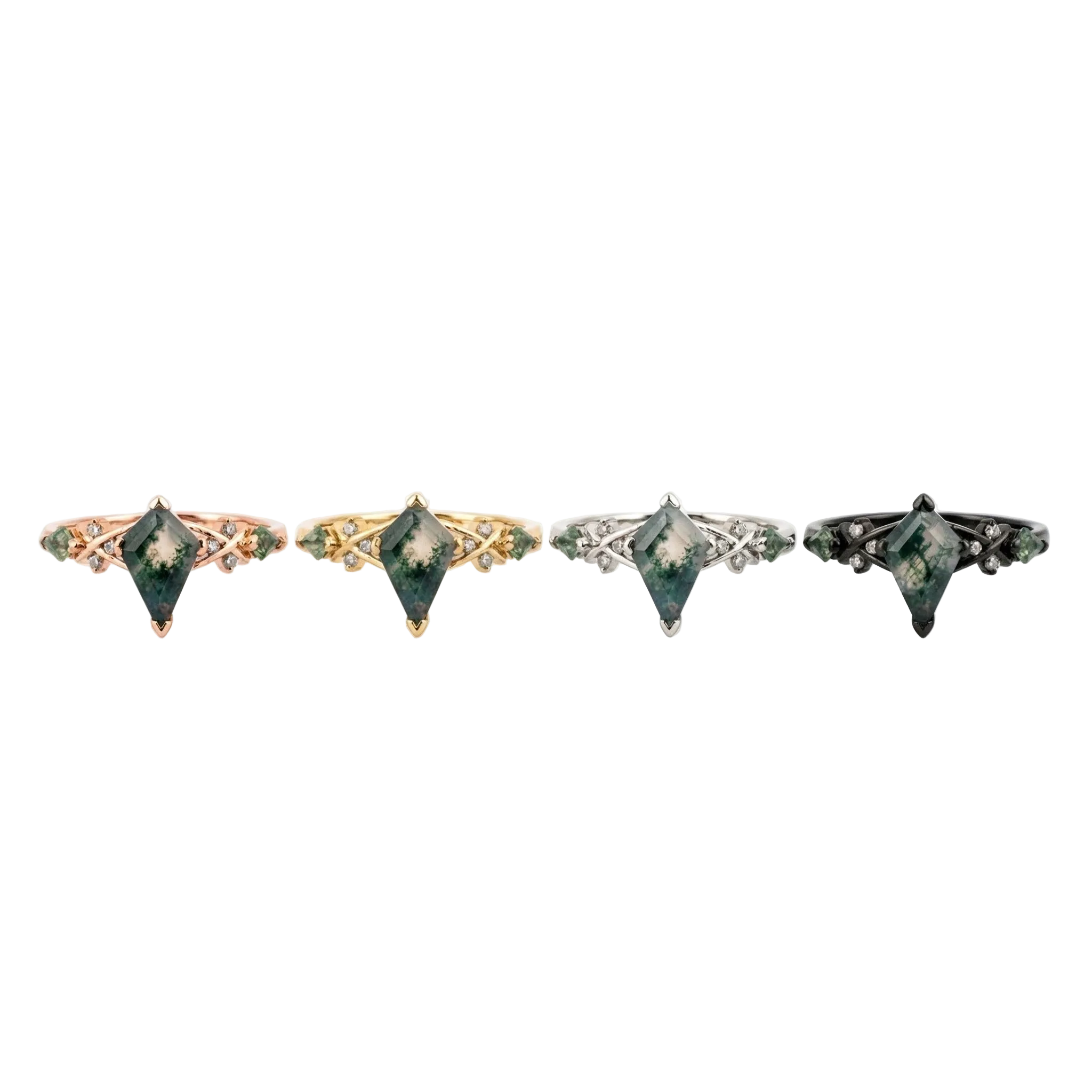 Lifestyle view of Kite Cut Moss Agate Ring in Rose Gold