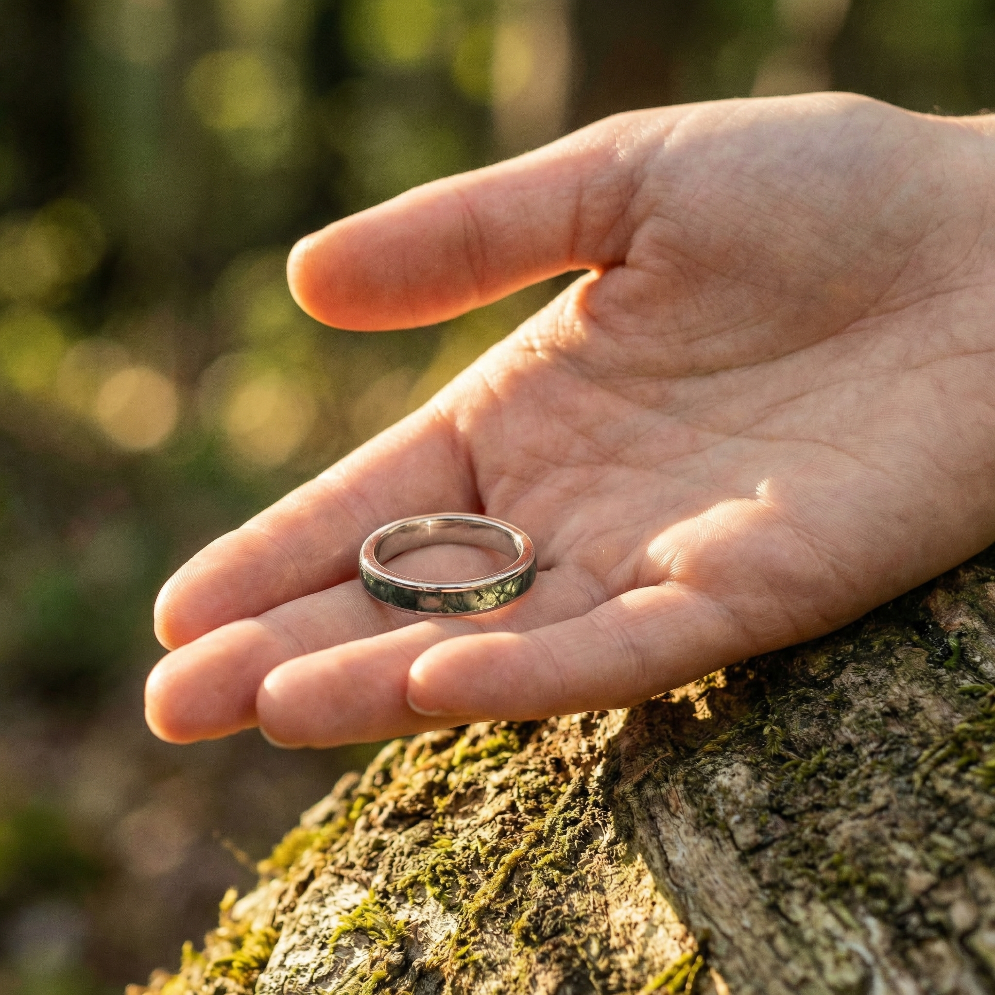 Detailed view of Moss Agate Wedding Band in Gold
