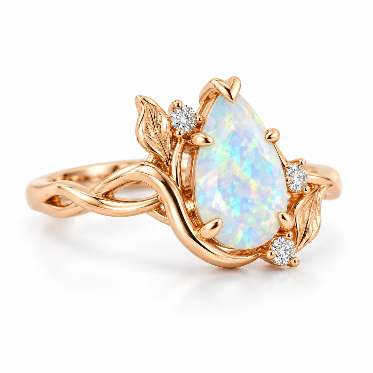 1. Pear opal leaf ring in rose gold with clear accent stones on white background