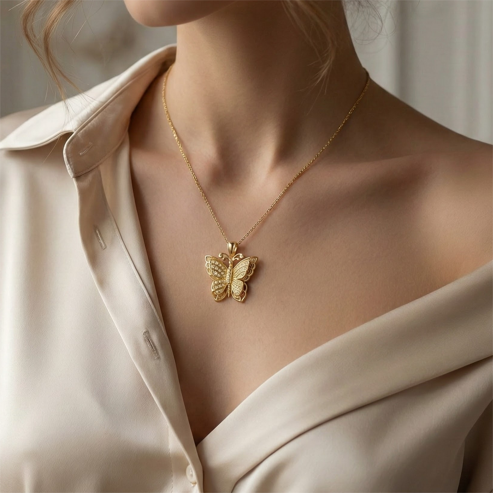 Elegant Timeless Diamond And Yellow Gold Butterfly Pendant Classic Design