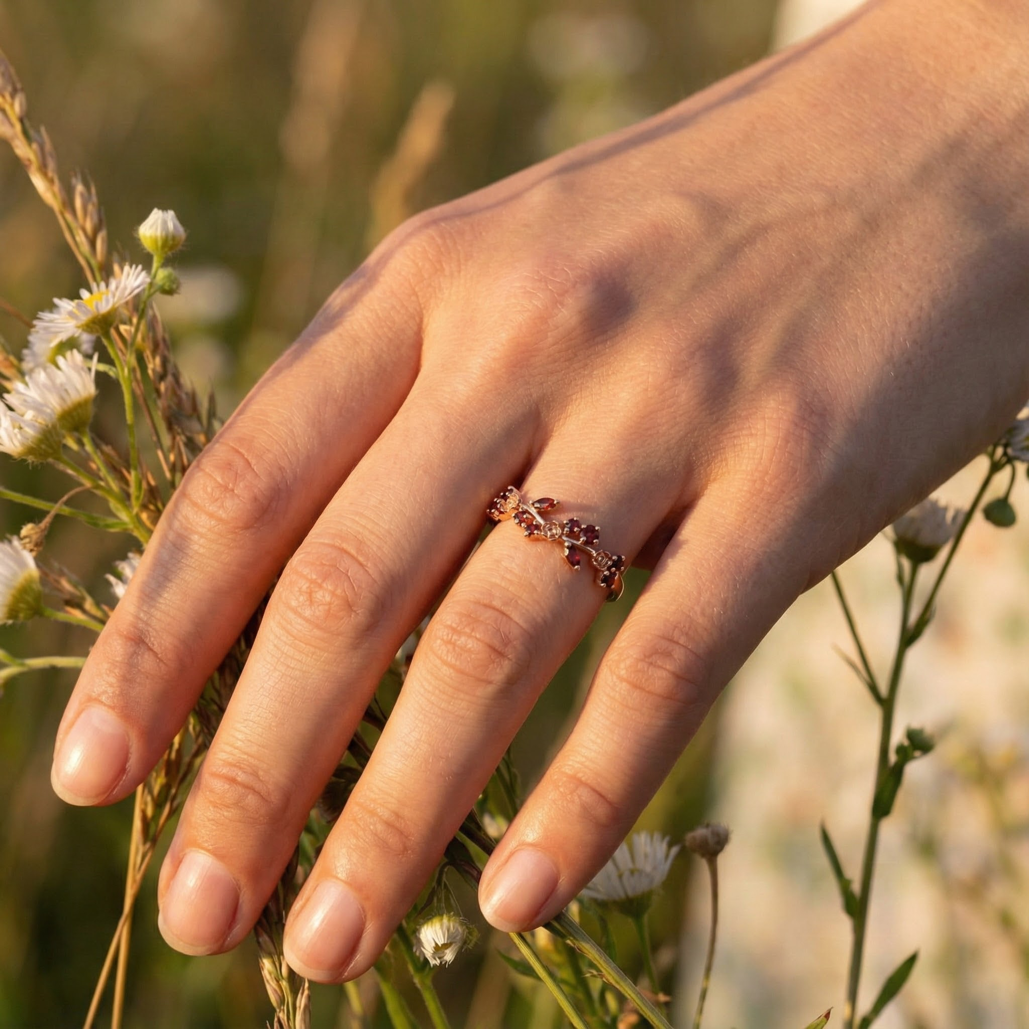 Botanical Elegance - Garnet Rose Gold Leaf Ring Floarl Ring Nature-Inspired Design Engagement Ring
