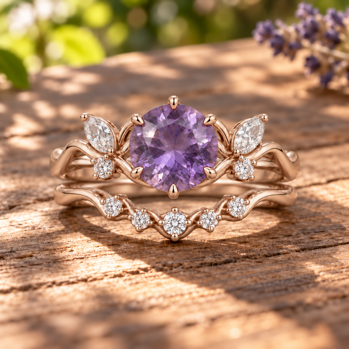Amethyst engagement ring and matching contoured wedding band stacked together