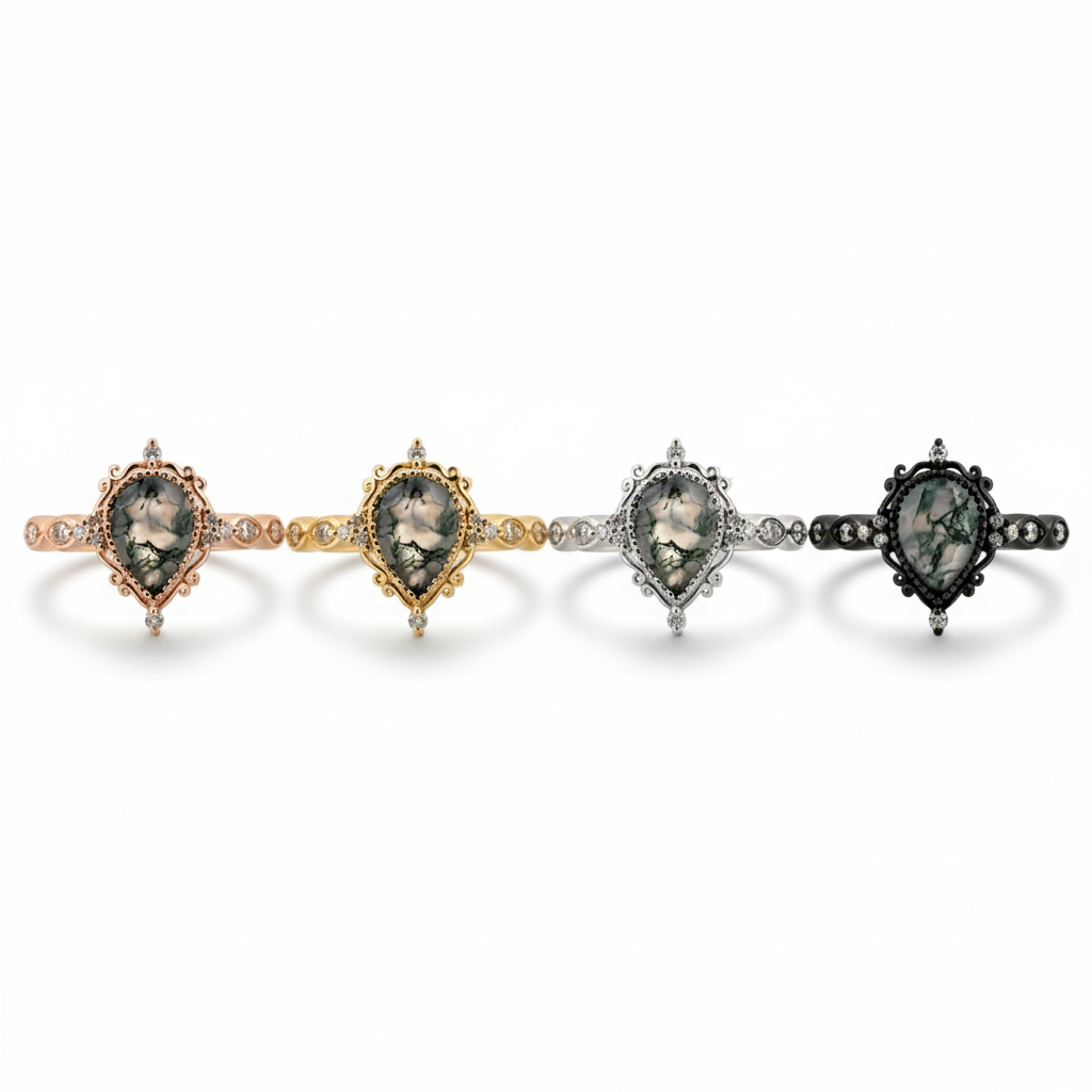 Lifestyle view of Pear Moss Agate Ring in Gold