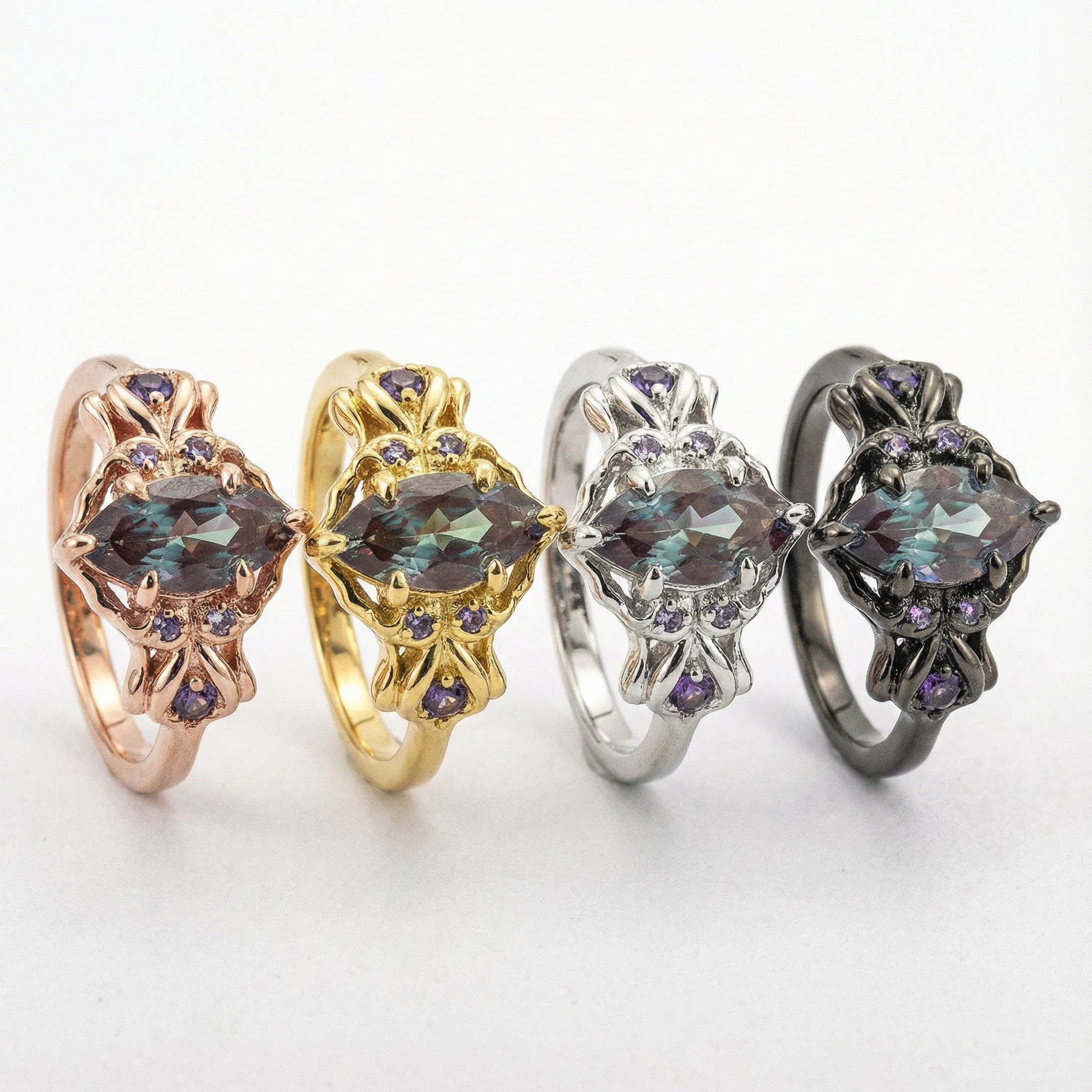 Marquise Lab Alexandrite With Amethyst Black Gold Engagement Ring Art Deco Ring