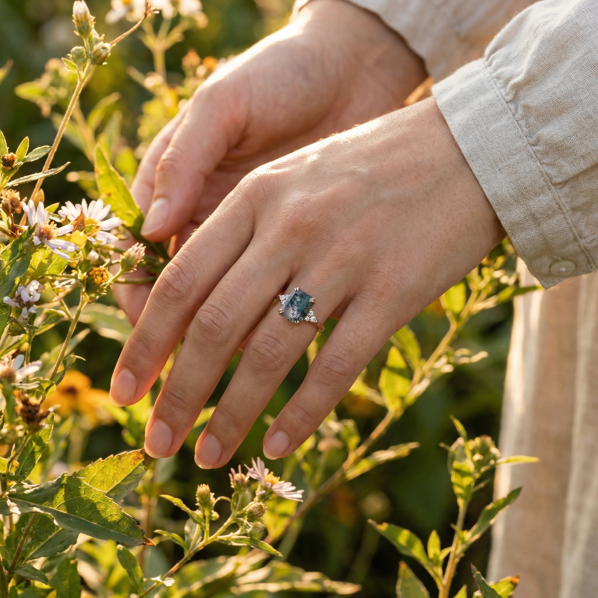 Classic Square Moss Agate Gold Engagement Ring With Moissanite.