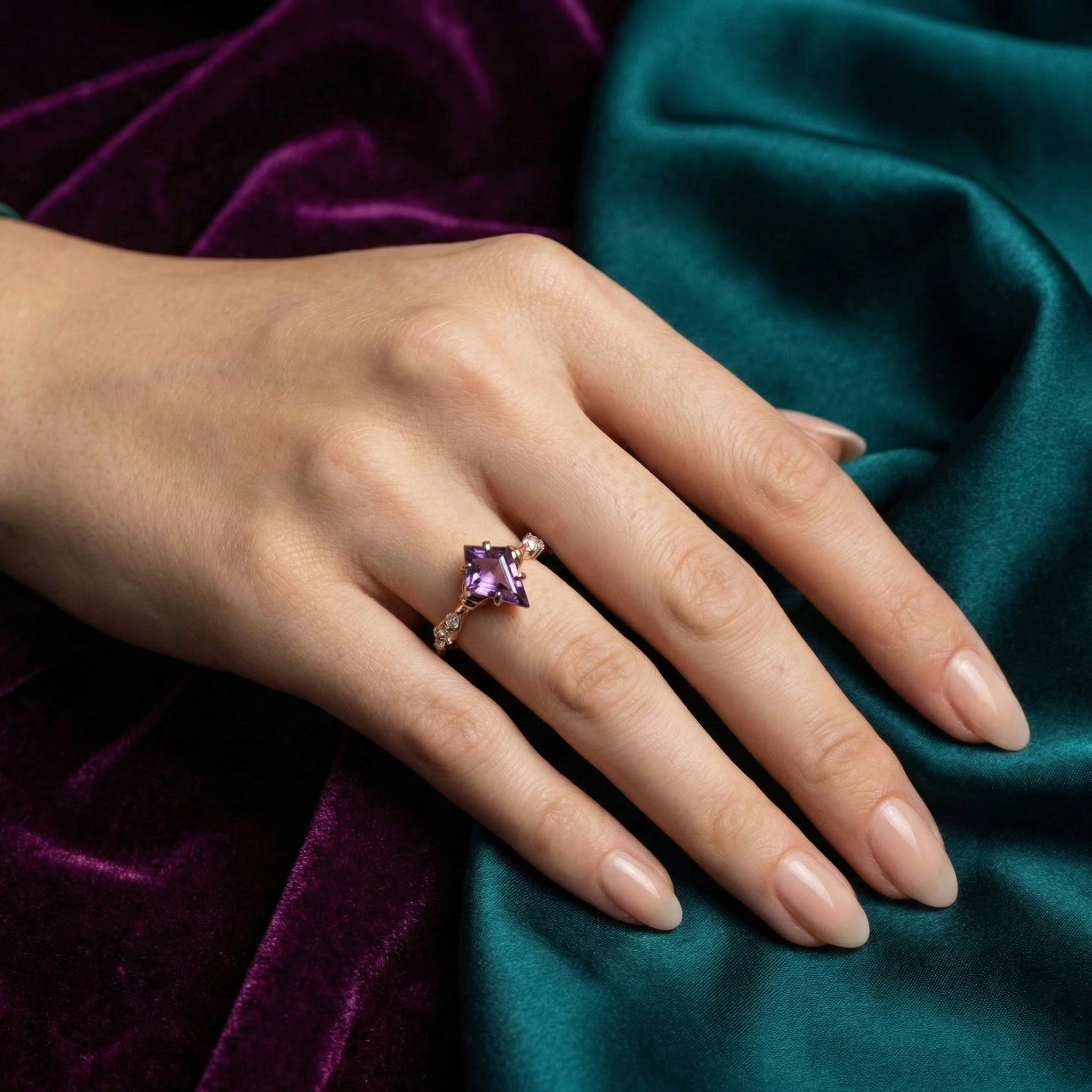 Kite Amethyst Ring crafted for engagement, perfect anniversary gift.