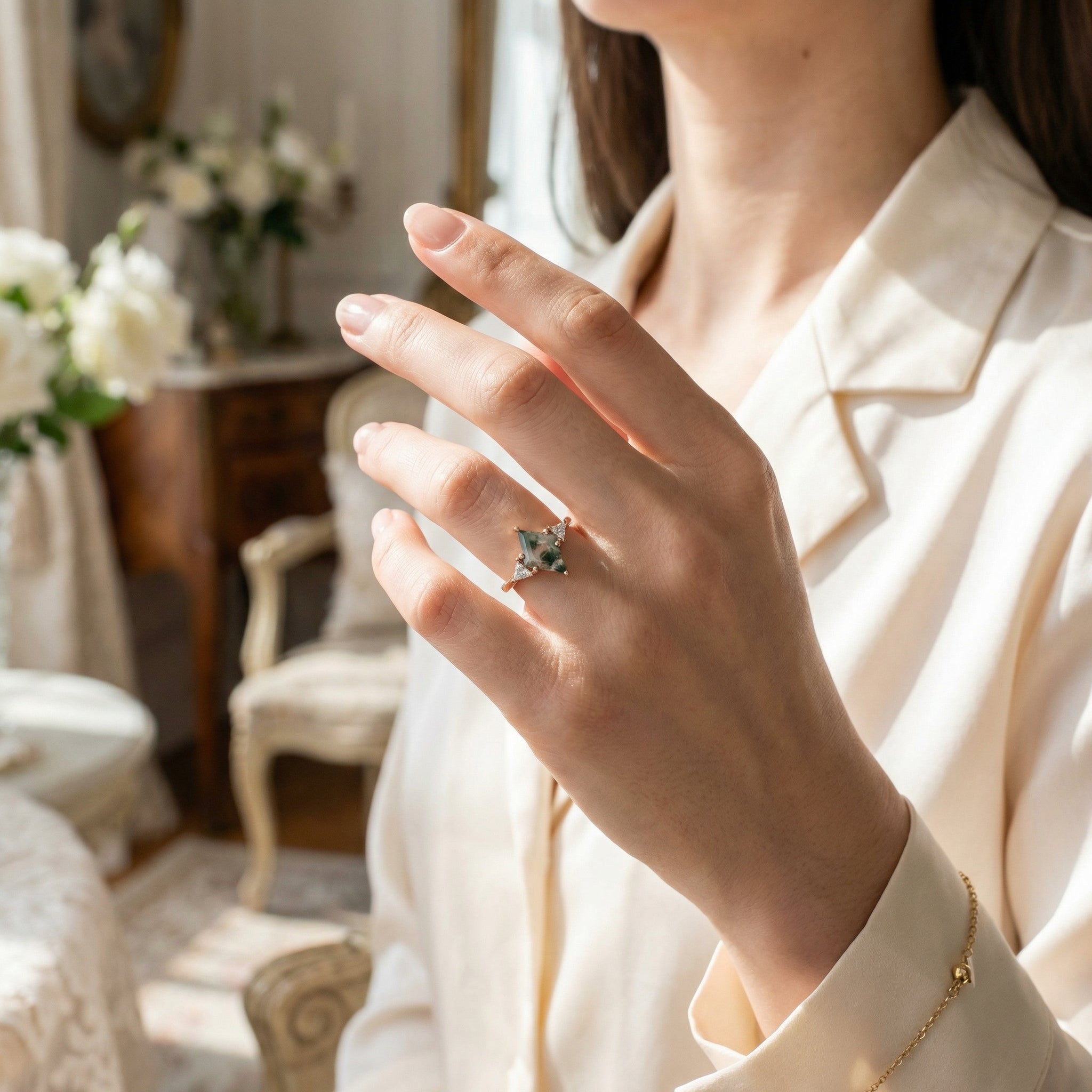 Kite Cut Moss Agate Engagement Ring Set Nature Inspired Design.