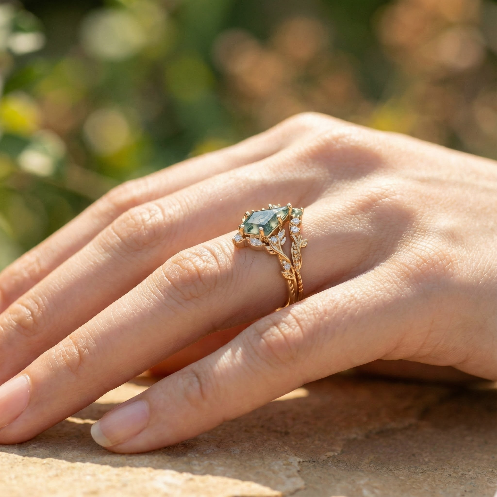 Kite Moss Agate Nature Inspired Delicate Engagement Ring Set Floral Ring Set