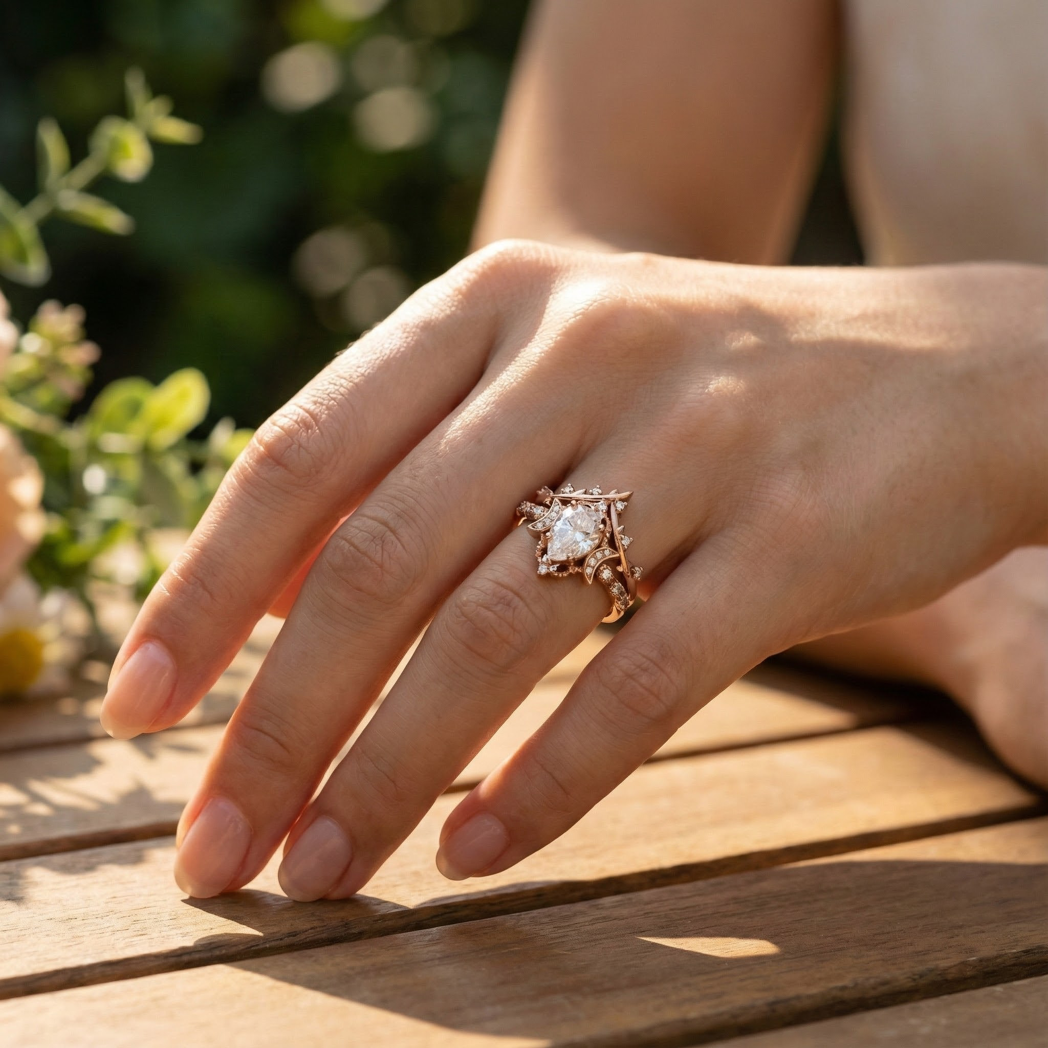Pear Shape Moissanite Ring Set Nature Inspired Design Leaf Ring