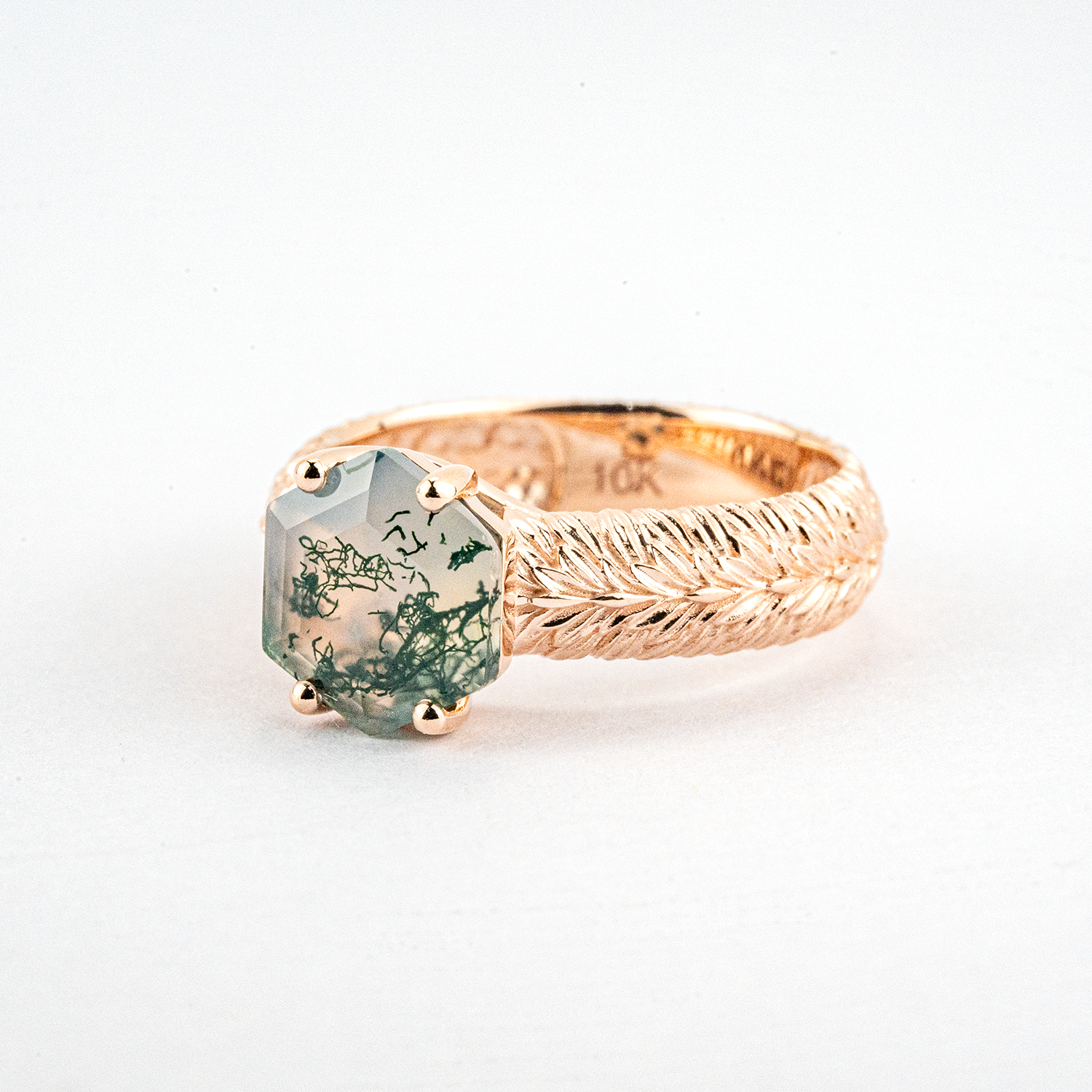 Botanical Elegance - Hexagonal Moss Agate Leaf Texture Ring Rose Gold Engagement Ring