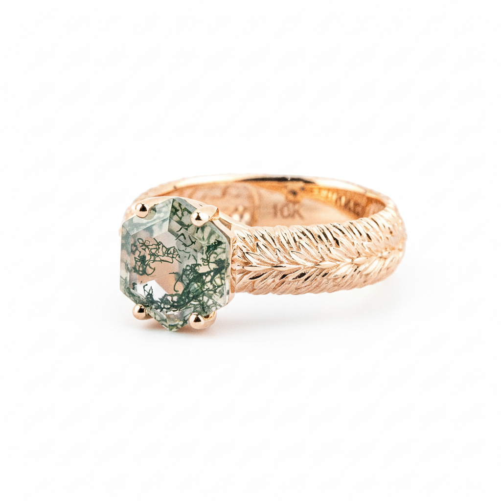 Lifestyle view of Hexagon Moss Agate Ring in Rose Gold