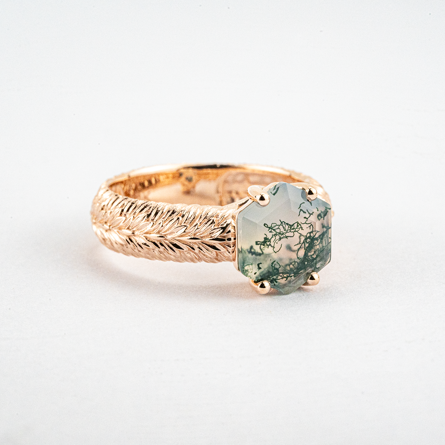 Botanical Elegance - Hexagonal Moss Agate Leaf Texture Ring Rose Gold Engagement Ring