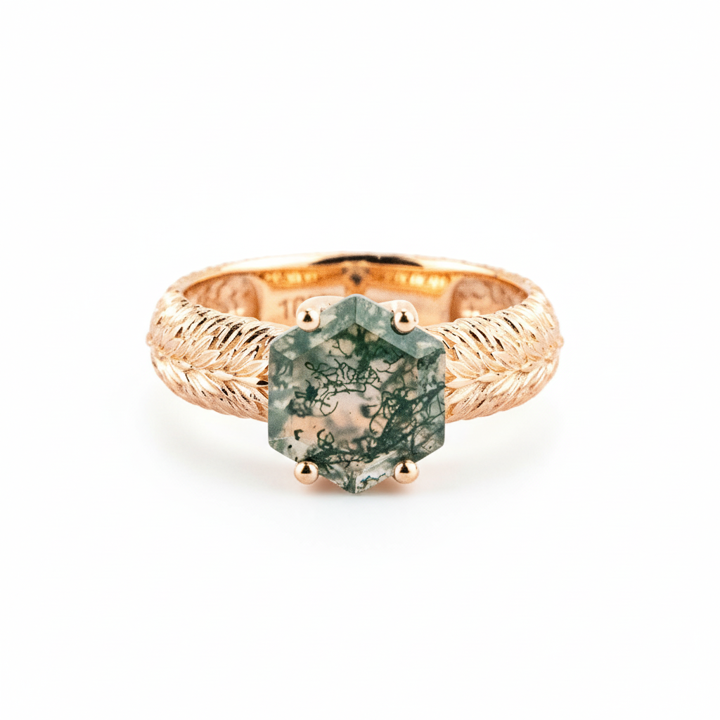 Front view of Hexagon Moss Agate Ring in Rose Gold