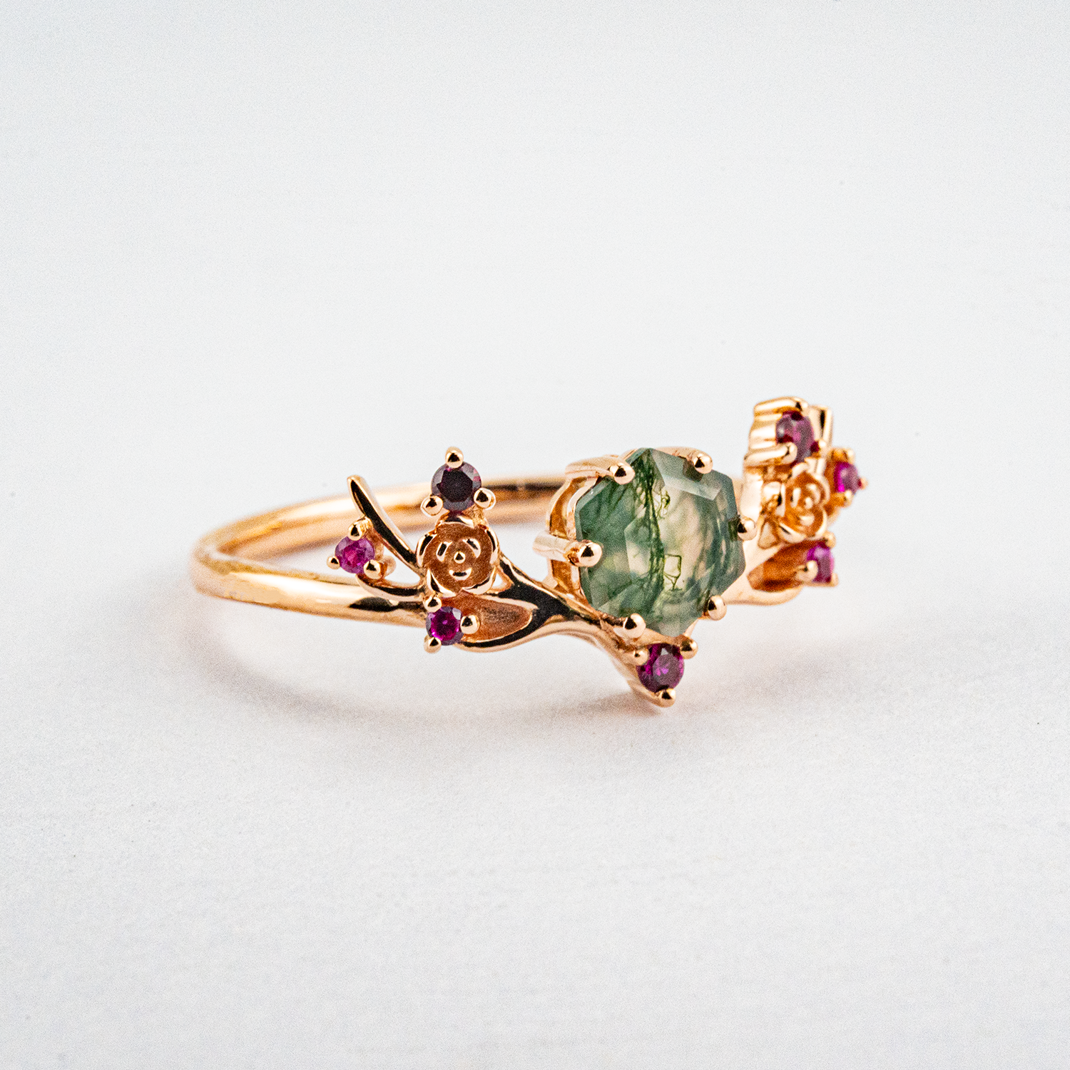 Botanical Elegance - Hexagonal Moss Agate and Garnet Leaf Ring Floarl Engagement Ring