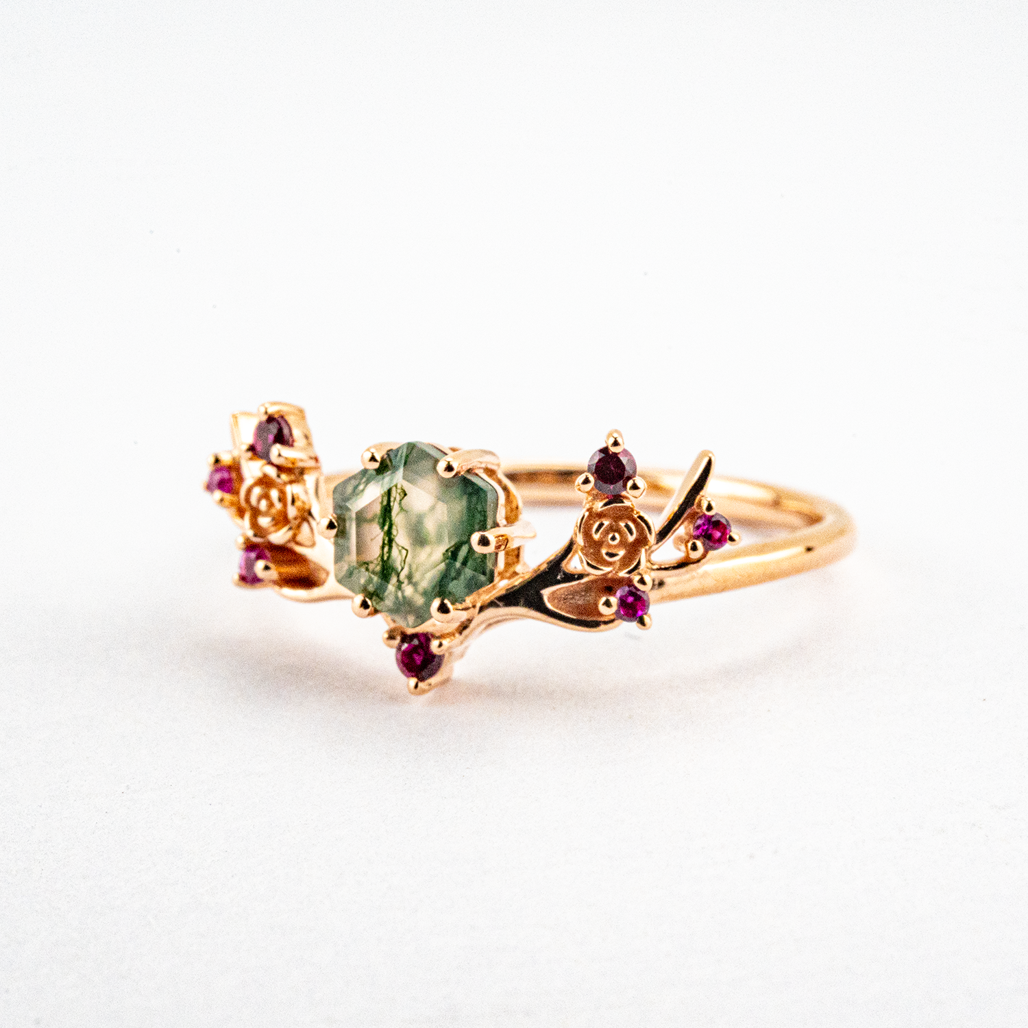 Botanical Elegance - Hexagonal Moss Agate and Garnet Leaf Ring Floarl Engagement Ring