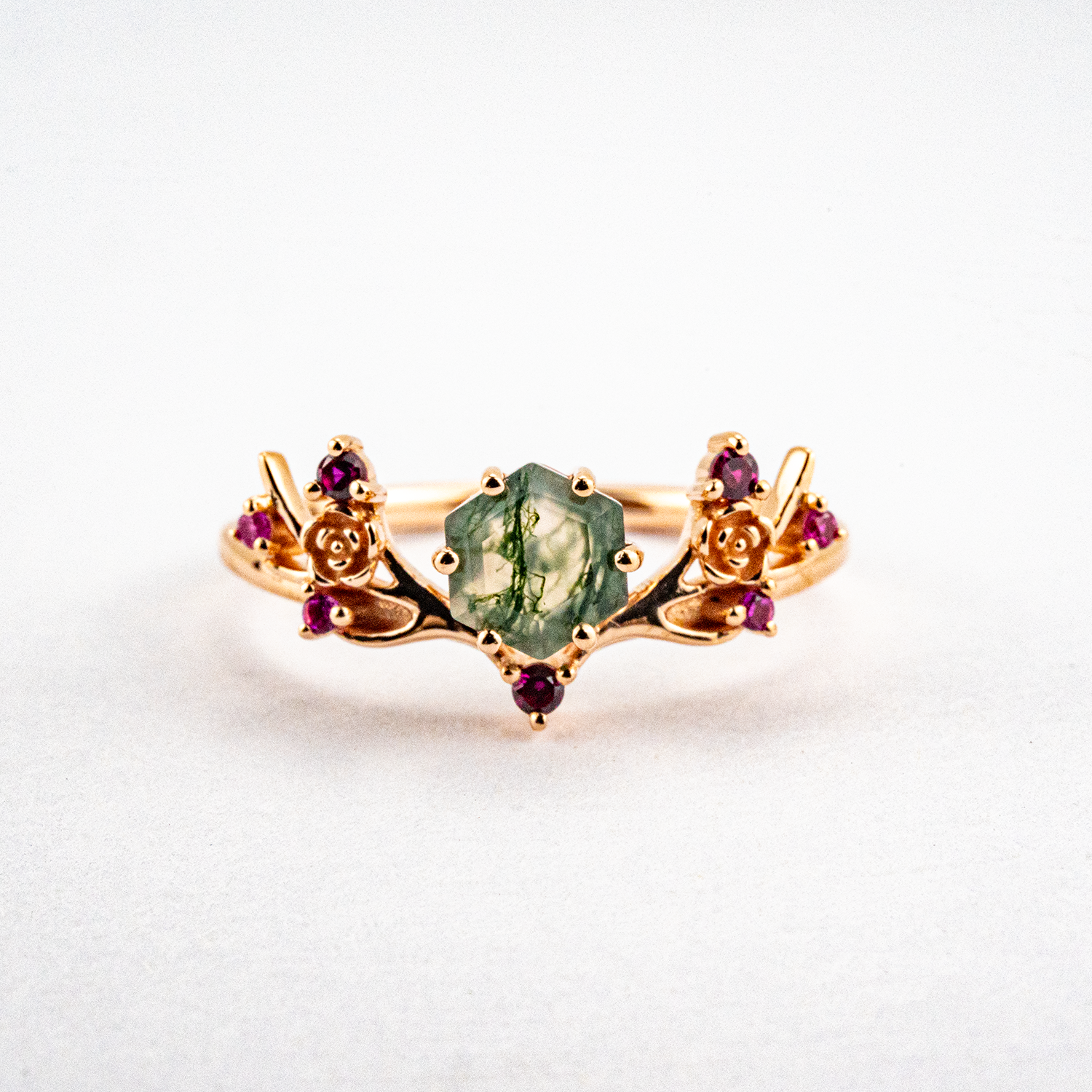 Botanical Elegance - Hexagonal Moss Agate and Garnet Leaf Ring Floarl Ring