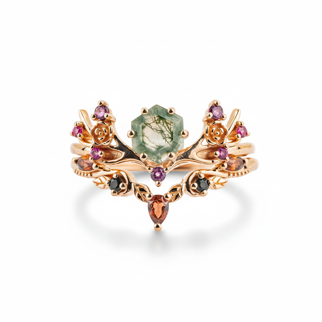 Botanical Elegance - Hexagonal Moss Agate and Garnet Leaf Ring Set Floarl Ring Set