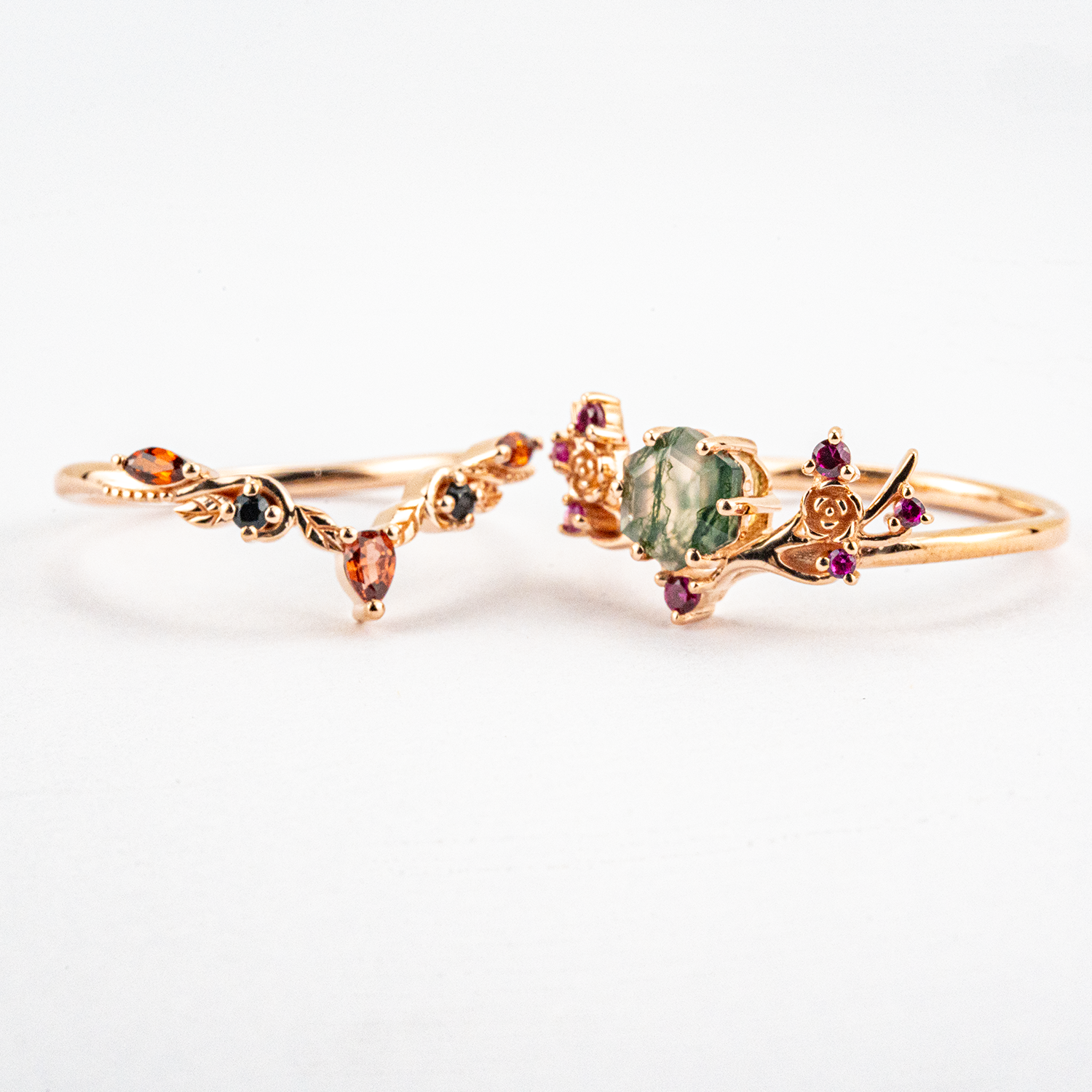 Botanical Elegance - Hexagonal Moss Agate and Garnet Leaf Ring Set Floarl Ring Set