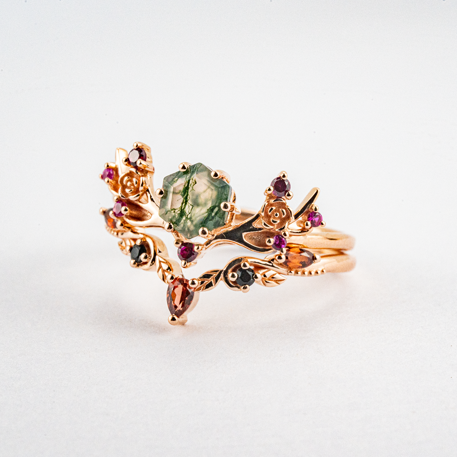 Botanical Elegance - Hexagonal Moss Agate and Garnet Leaf Ring Set Floarl Ring Set