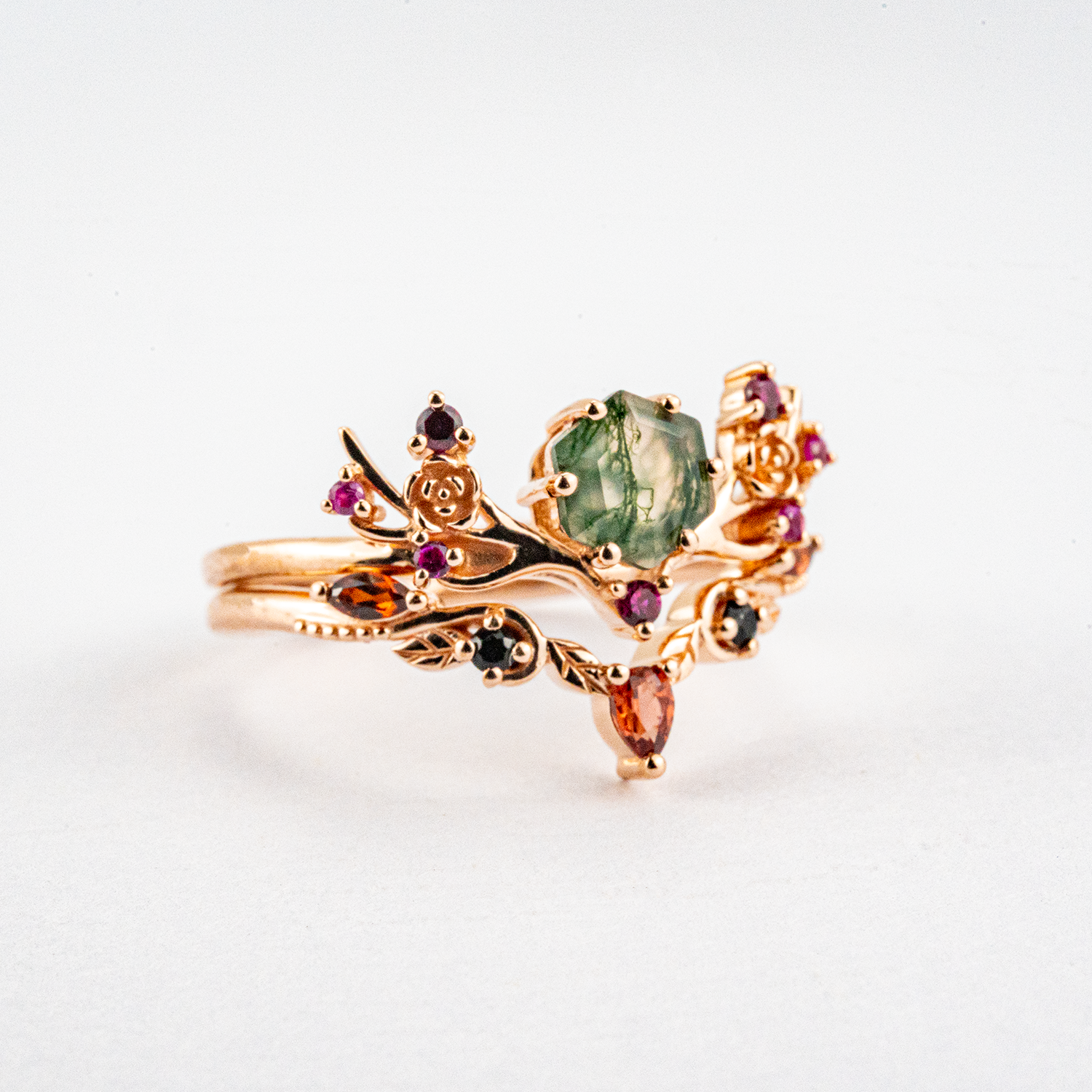 Botanical Elegance - Hexagonal Moss Agate and Garnet Leaf Ring Set Floarl Ring Set
