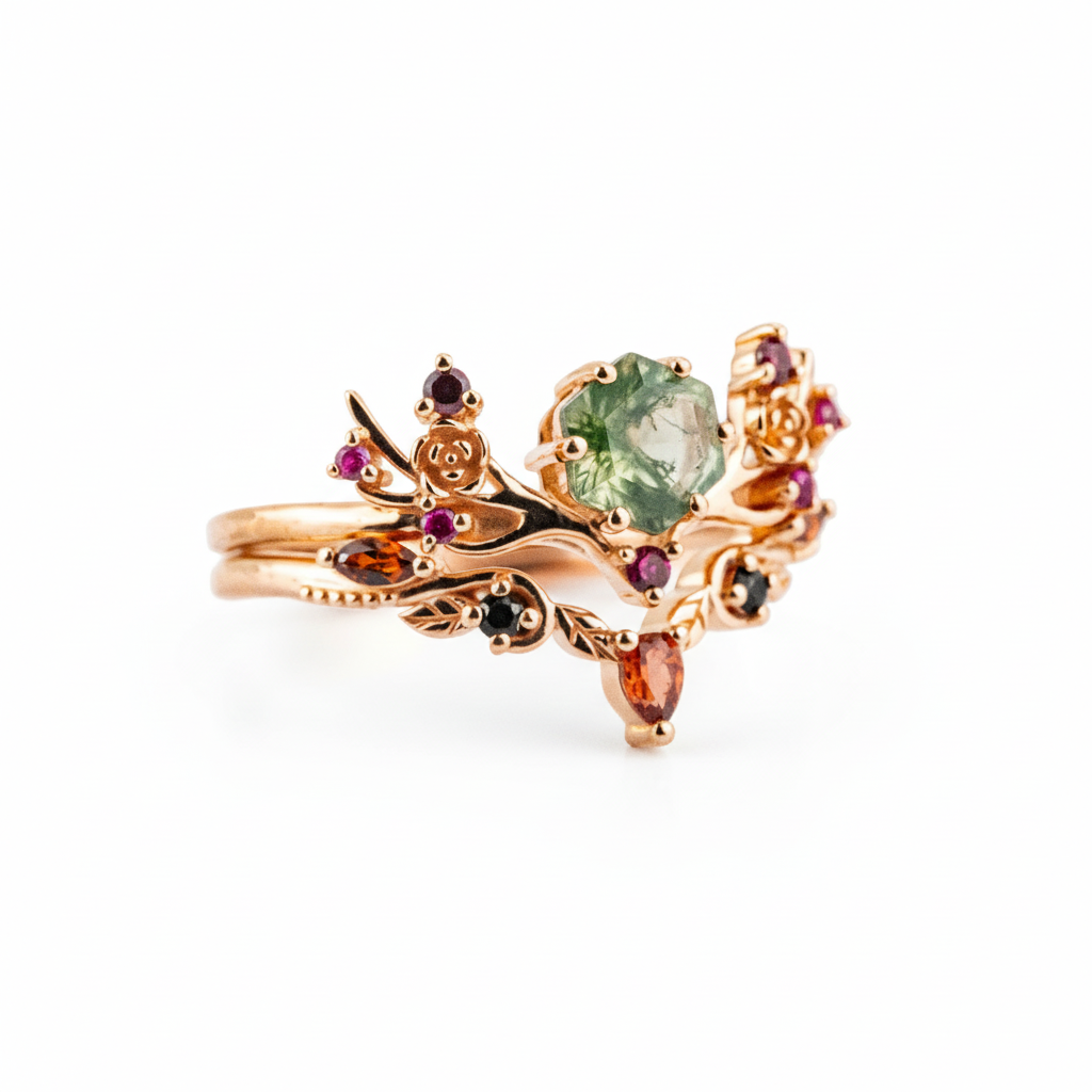 Product view of Hexagon Moss Agate Ring Set in Gold