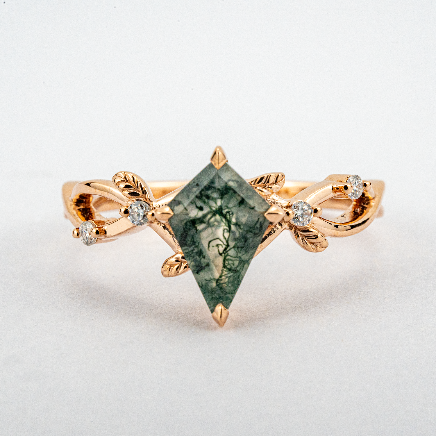 Botanical Elegance - Kite Moss Agate Engagement Ring Leaf Match Ring Rose Gold