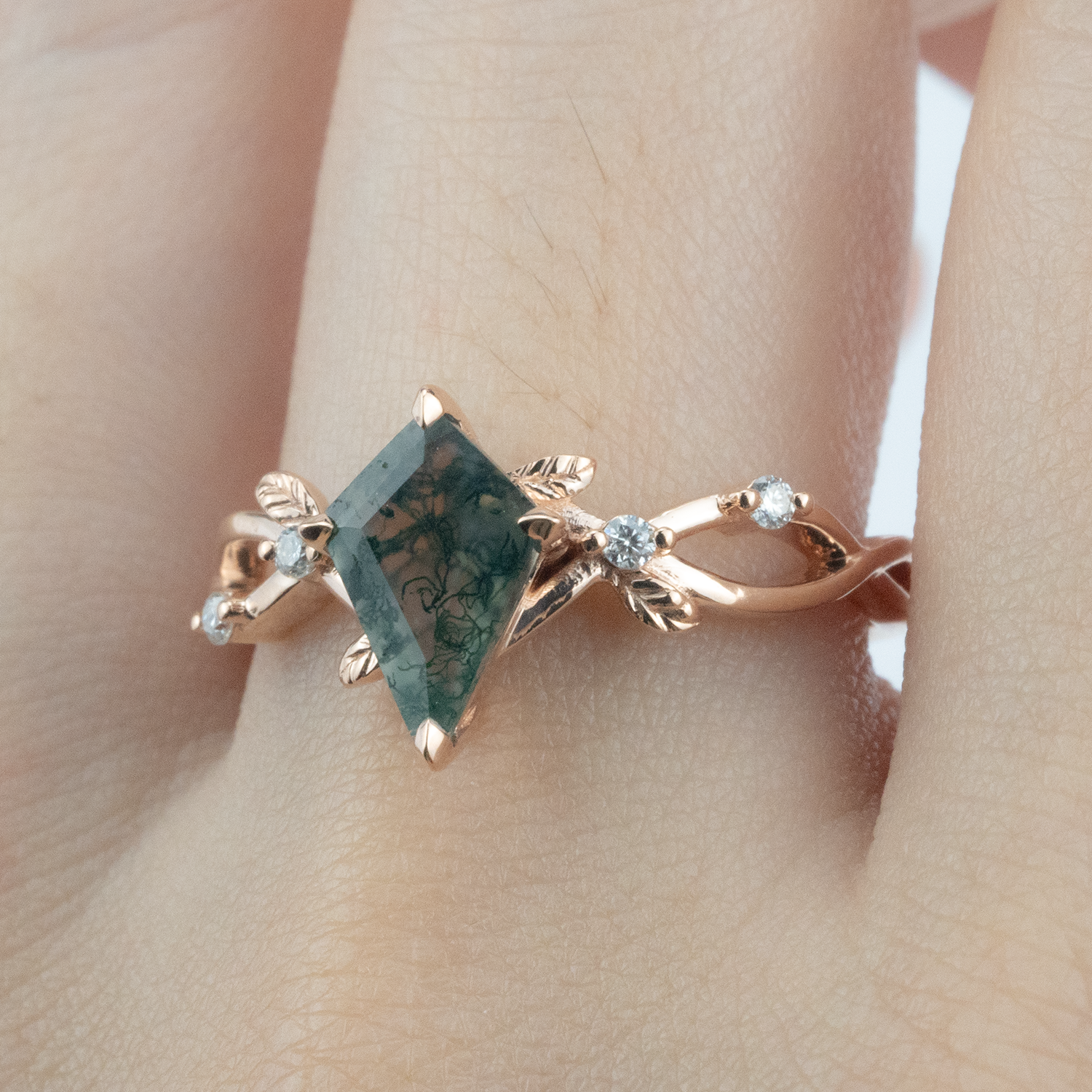 Botanical Elegance - Kite Moss Agate Engagement Ring Leaf Match Ring Rose Gold