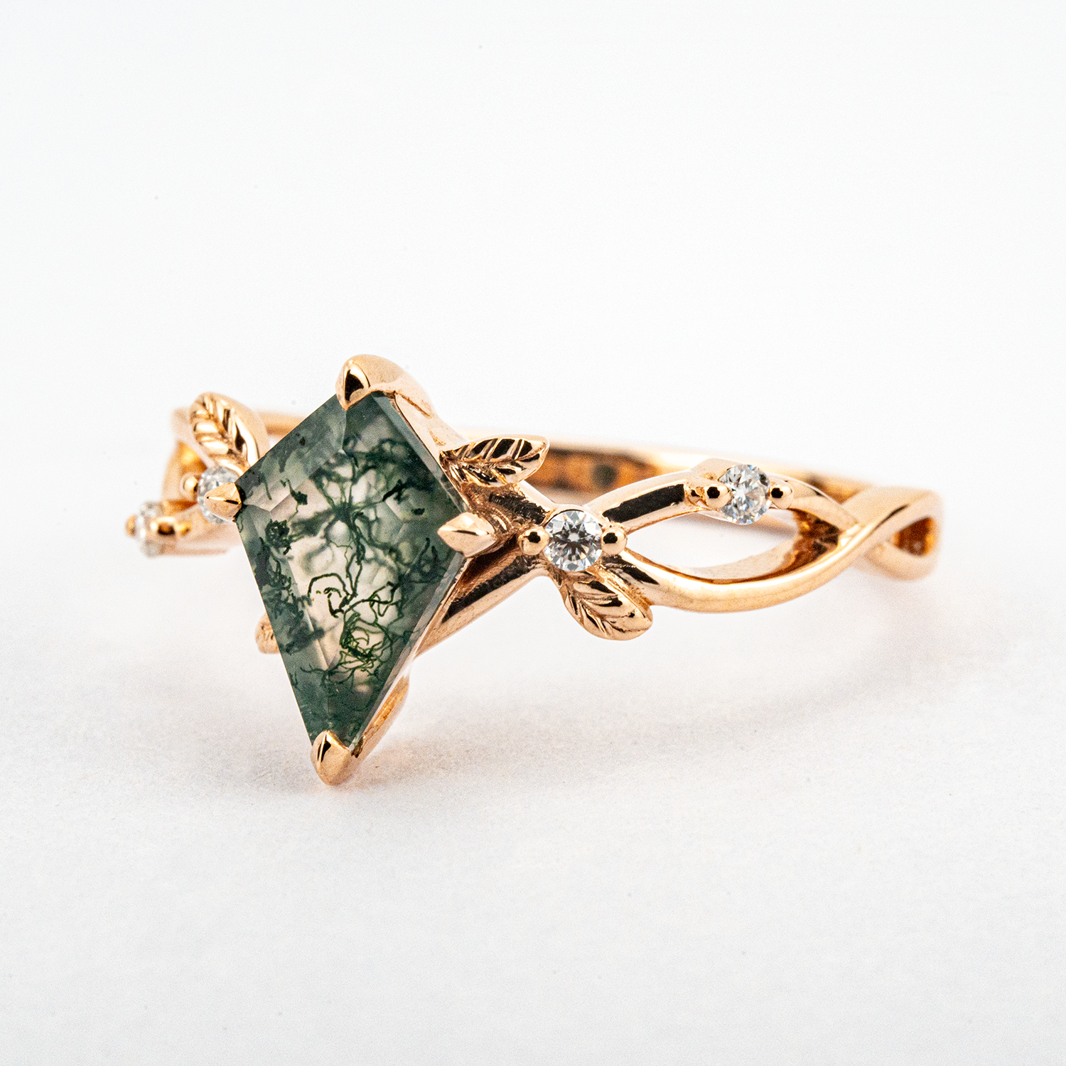 Botanical Elegance - Kite Moss Agate Engagement Ring Leaf Match Ring Rose Gold