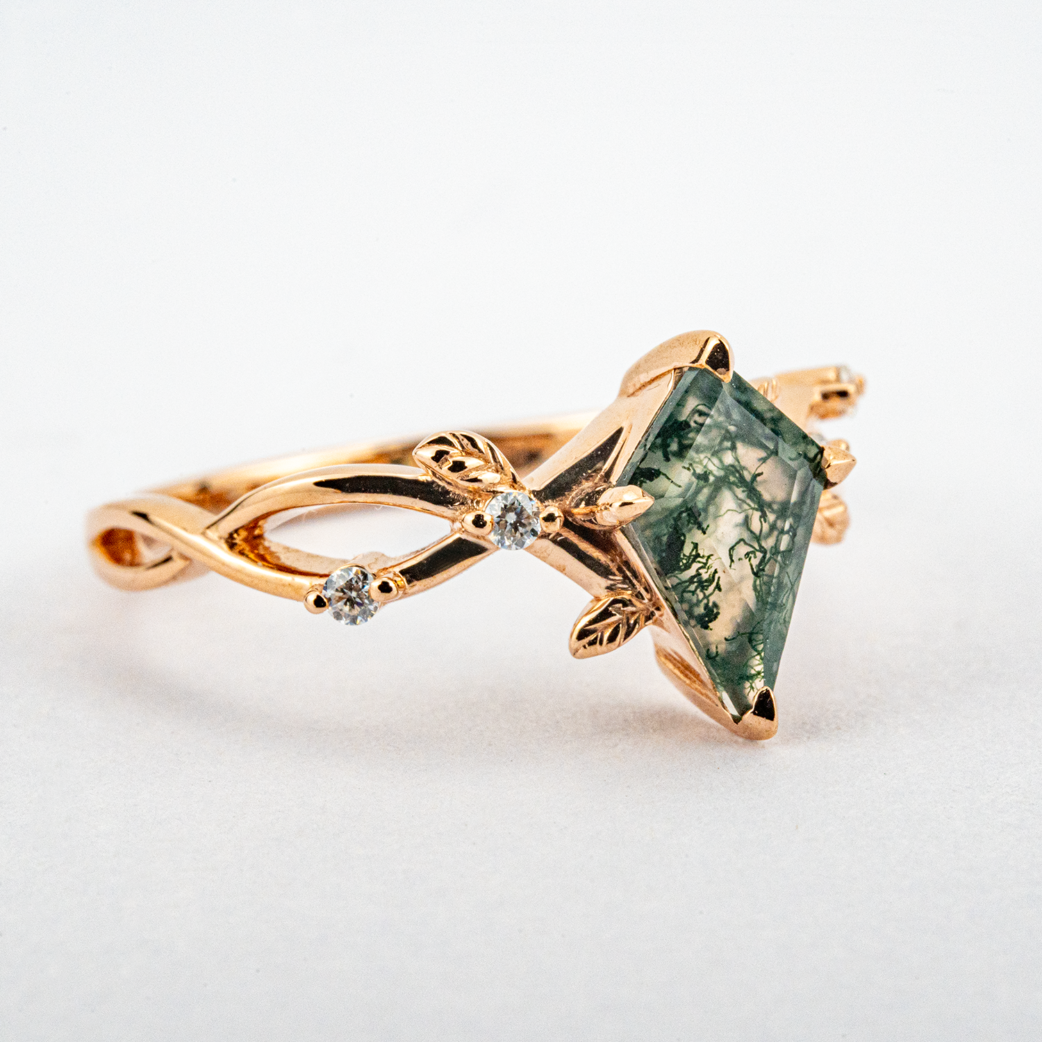 Botanical Elegance - Kite Moss Agate Engagement Ring Leaf Match Ring Rose Gold