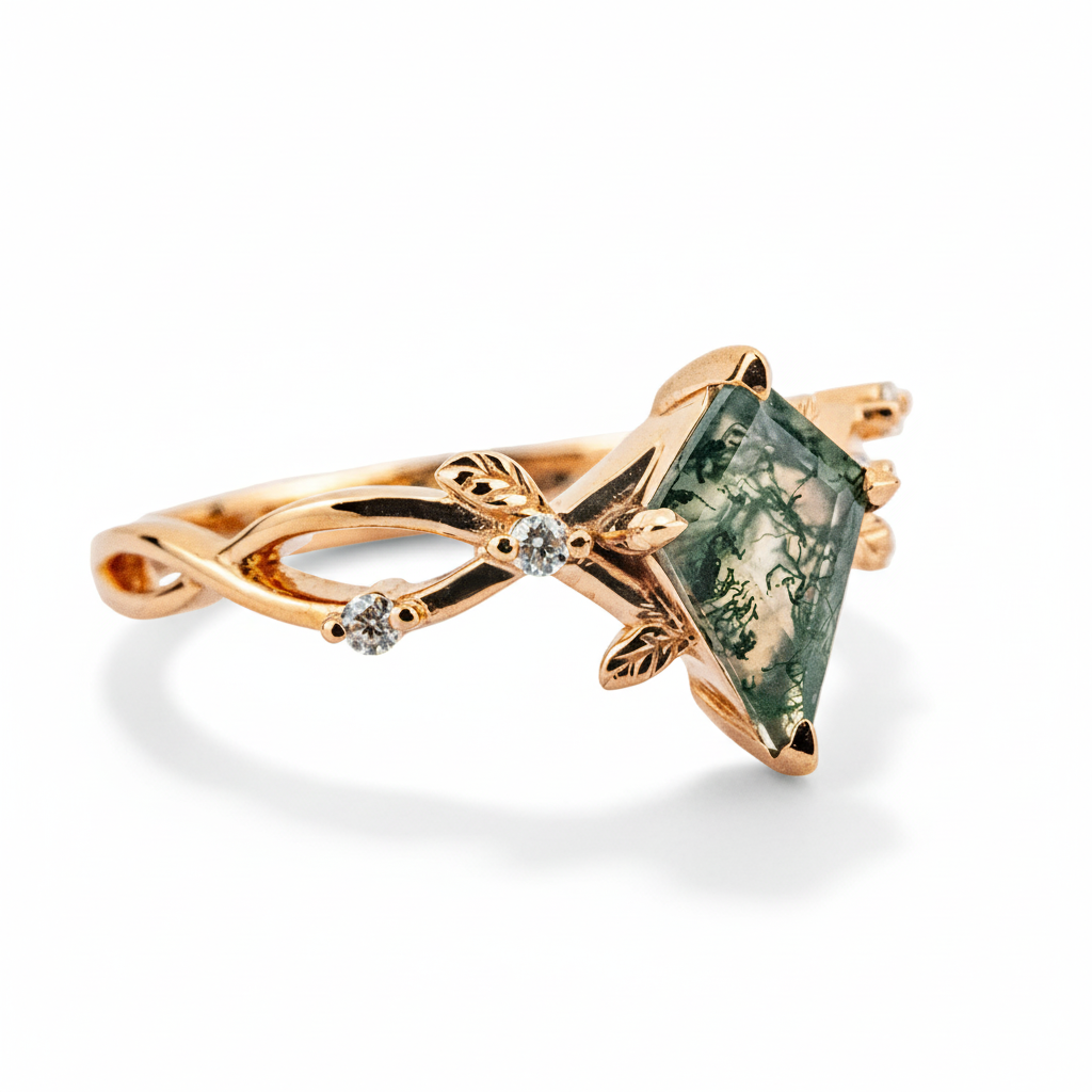 Product view of Kite Cut Moss Agate Ring in Rose Gold