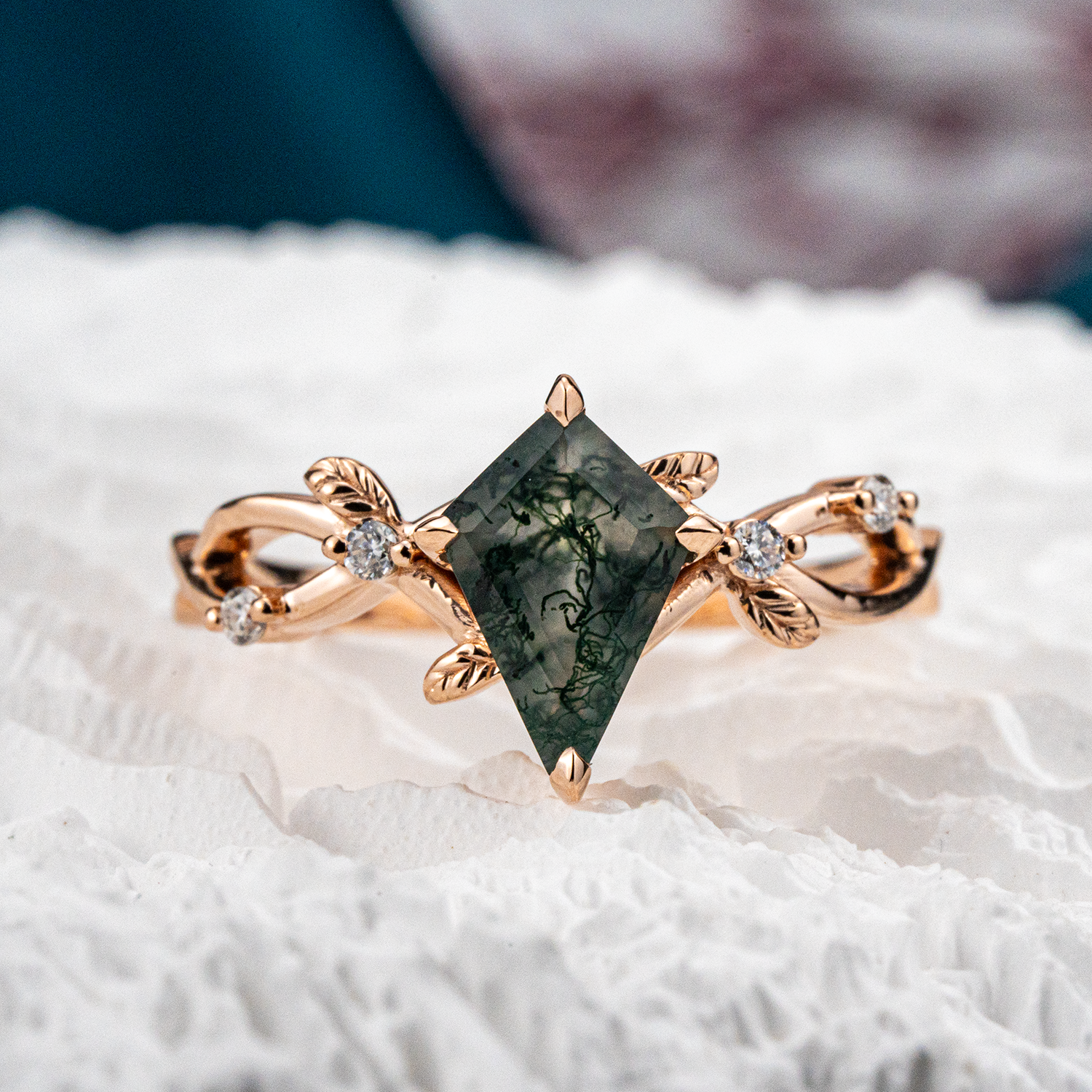 Botanical Elegance - Kite Moss Agate Engagement Ring Leaf Match Ring Rose Gold