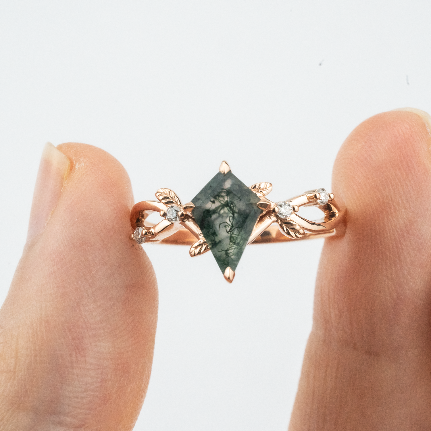 Botanical Elegance - Kite Moss Agate Engagement Ring Leaf Match Ring Rose Gold