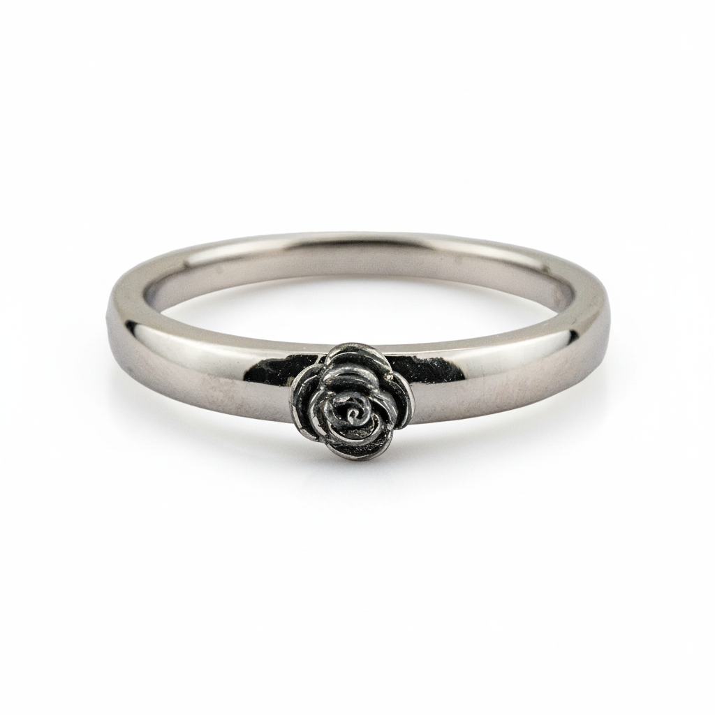 Botanical Elegance - Statement White Gold Black Rose Ring Floarl Ring