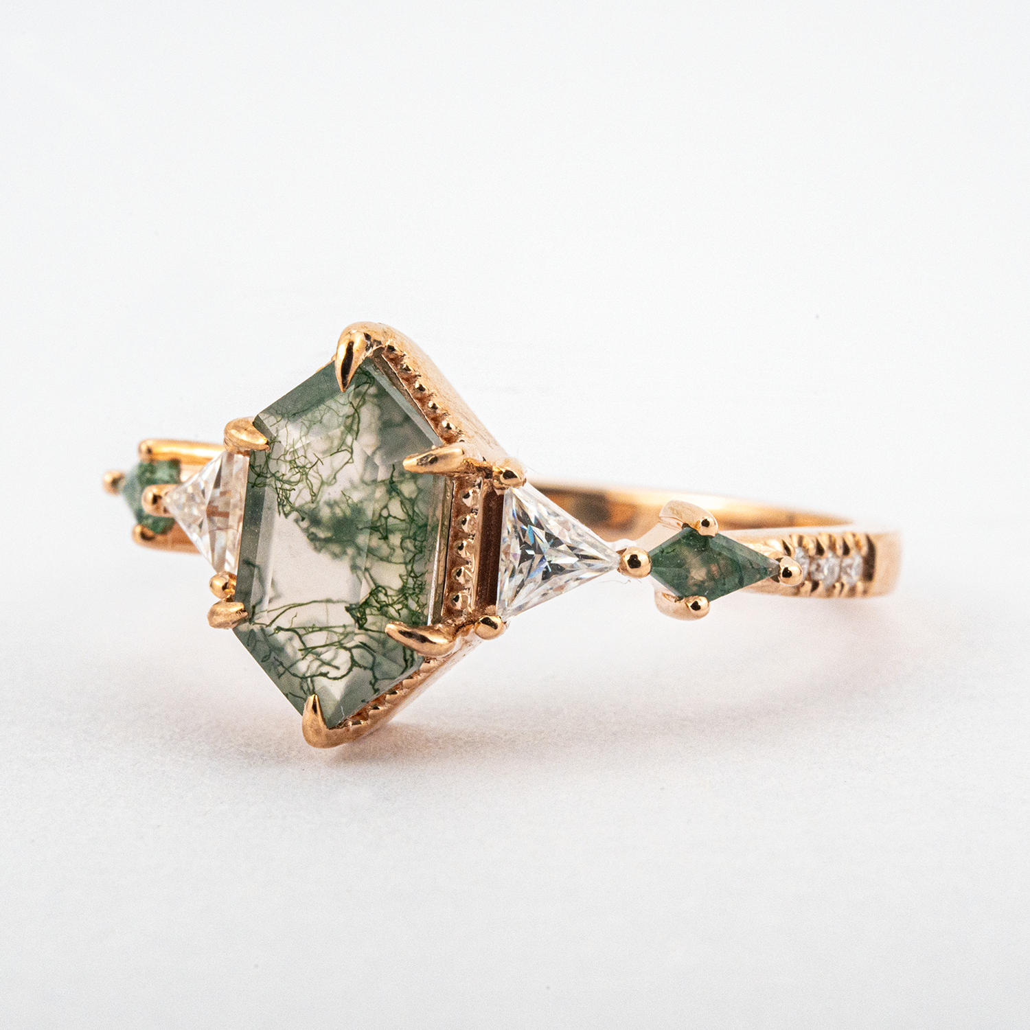 Classic Long Hexagon Moss Agate Engagement Ring Green Gem Ring Promise Ring