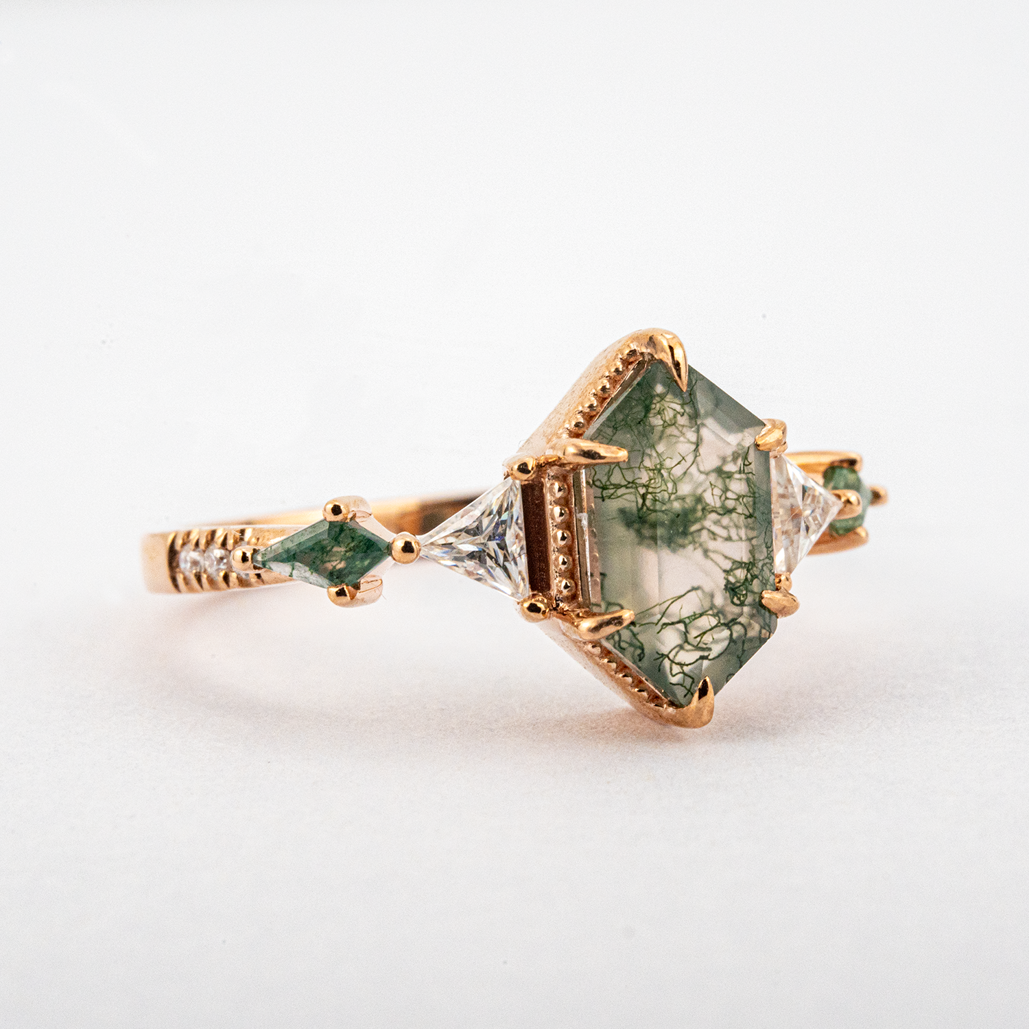 Classic Long Hexagon Moss Agate Engagement Ring Green Gem Ring Promise Ring
