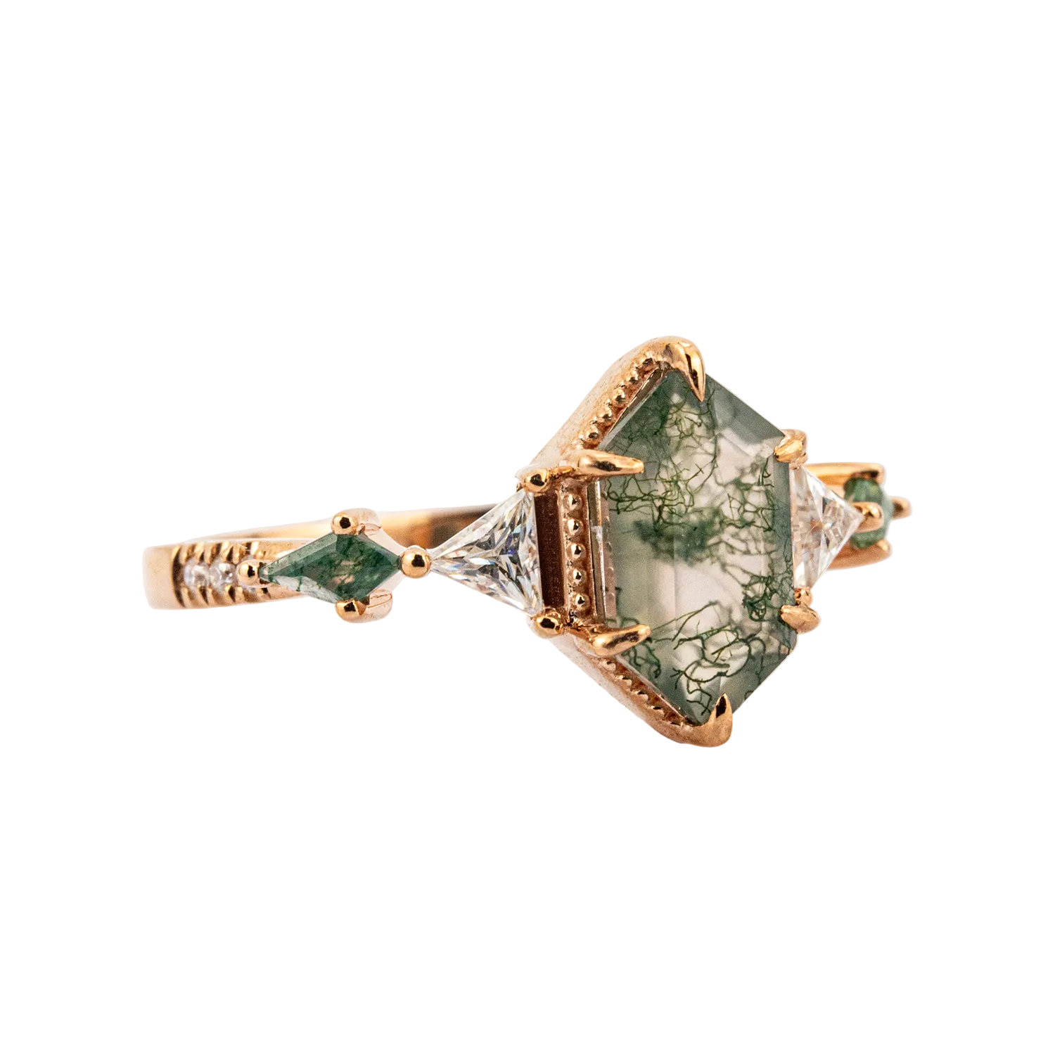 Product view of Long Hexagon Moss Agate Engagement Ring in Gold