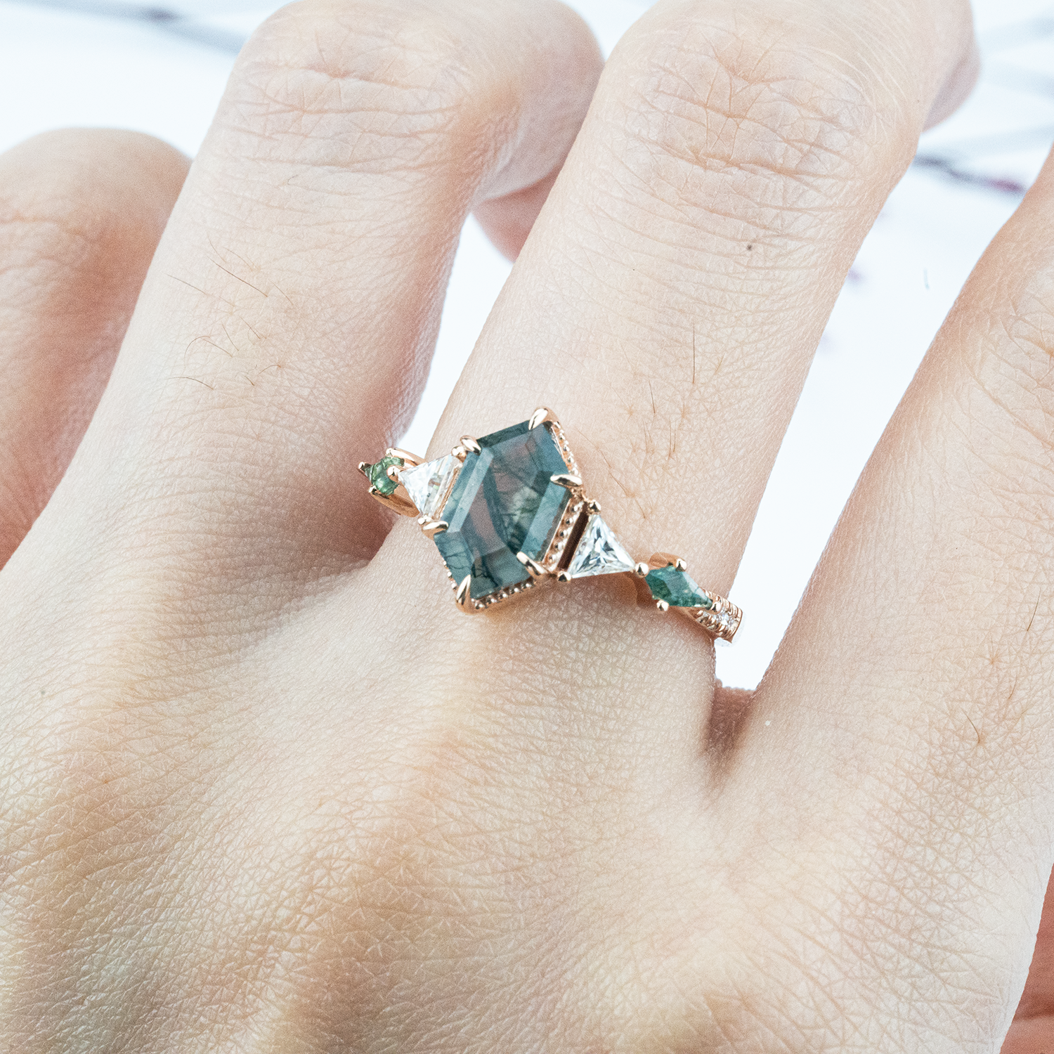 Classic Long Hexagon Moss Agate Engagement Ring Green Gem Ring Promise Ring