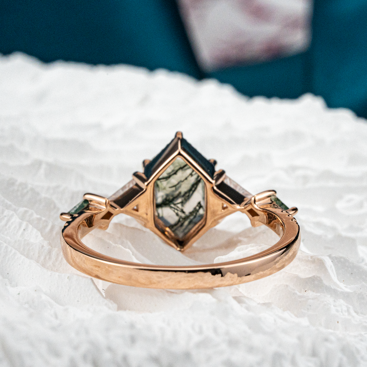 Classic Long Hexagon Moss Agate Engagement Ring Green Gem Ring Promise Ring