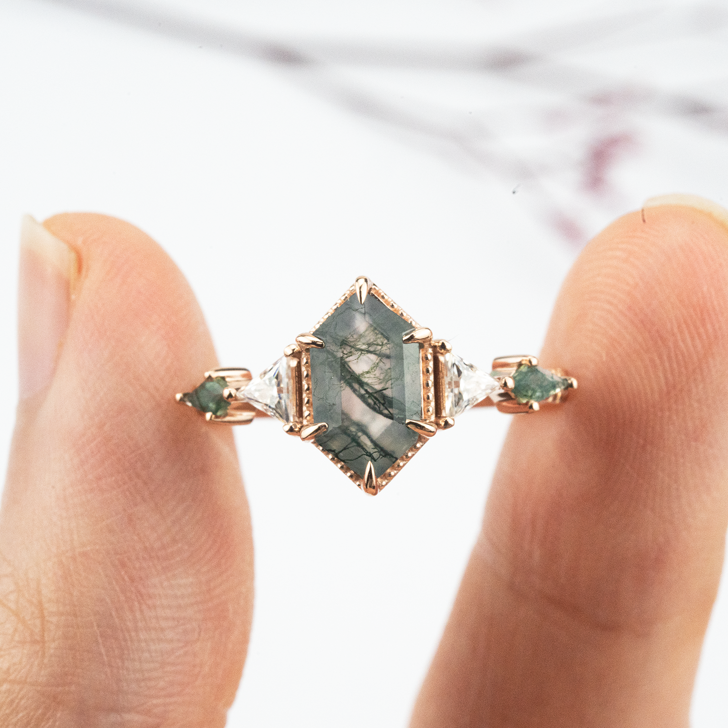 Classic Long Hexagon Moss Agate Engagement Ring Green Gem Ring Promise Ring