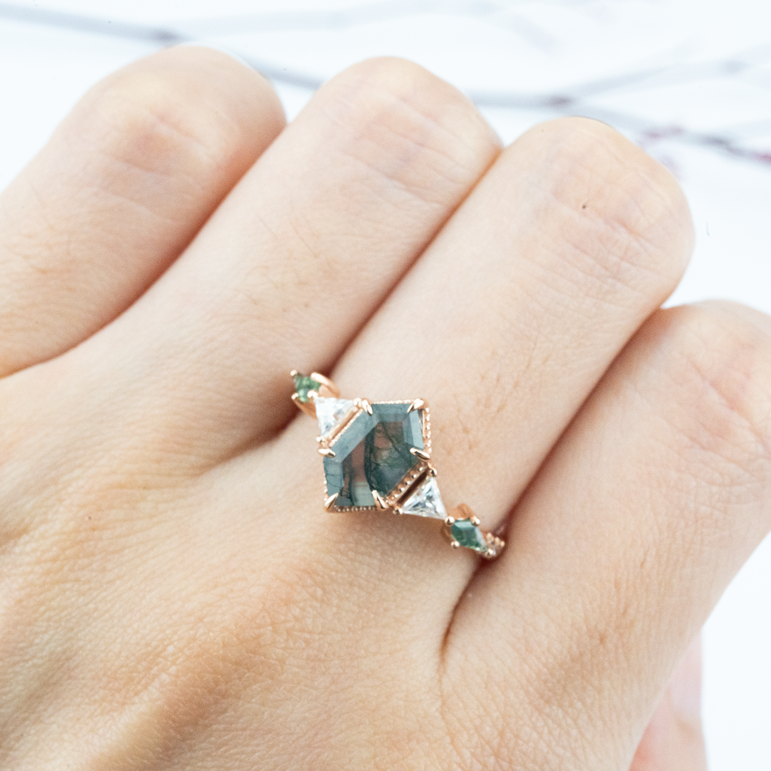Classic Long Hexagon Moss Agate Engagement Ring Green Gem Ring Promise Ring