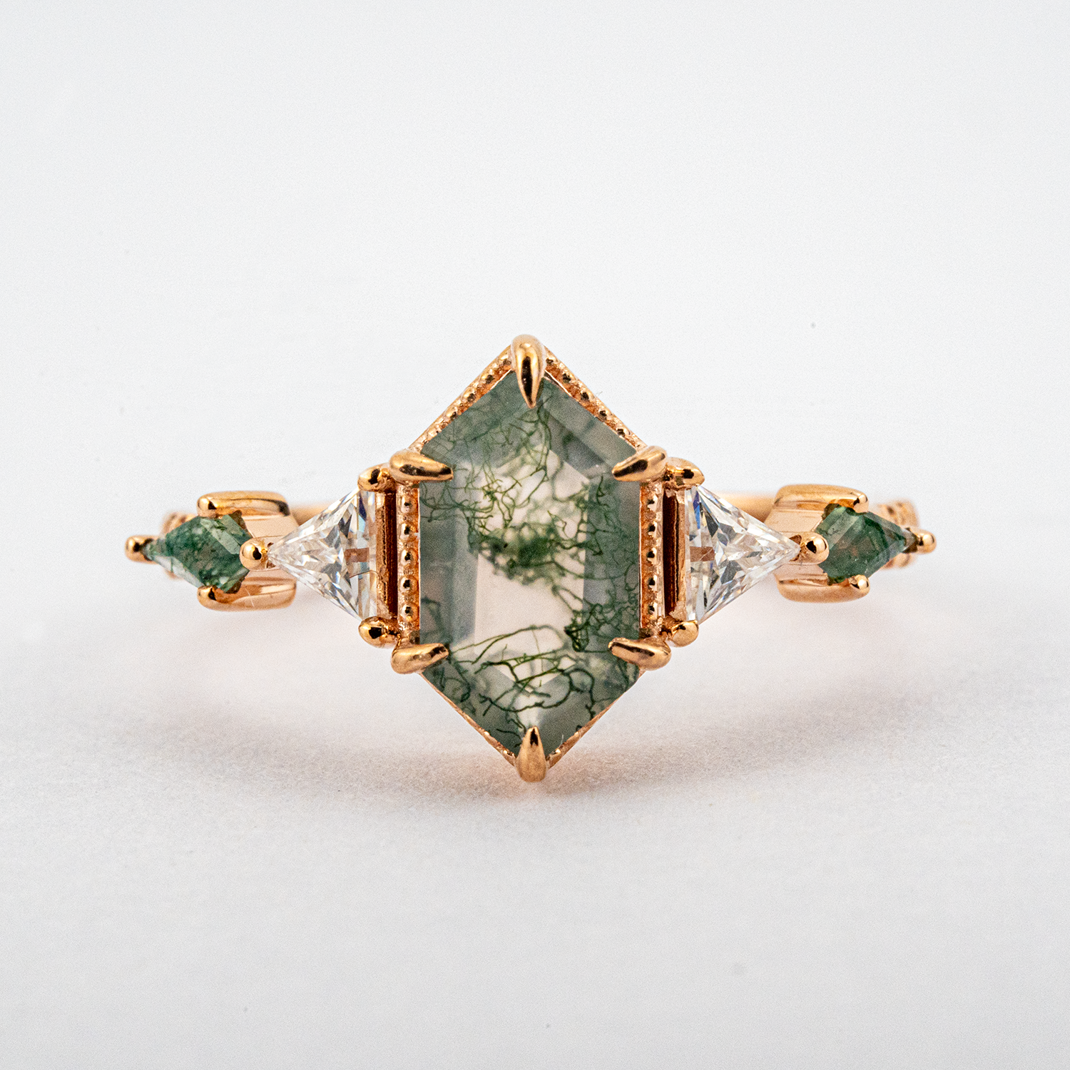 Classic Long Hexagon Moss Agate Engagement Ring Green Gem Ring Promise Ring
