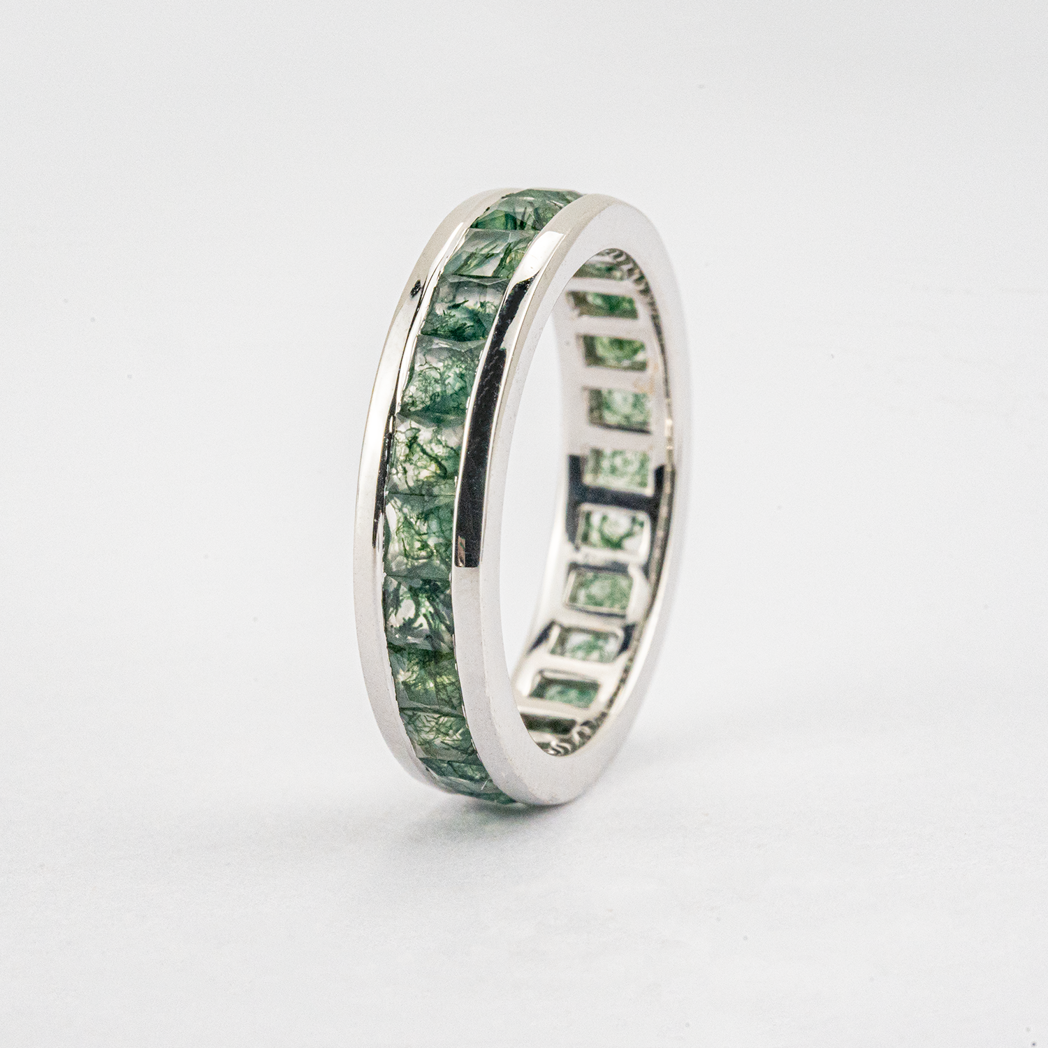 Classic Moss Agate Elegant White Gold Band Moss Agate Engagement Ring