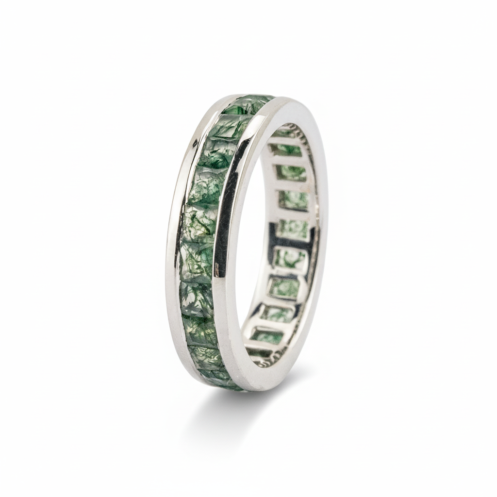 Product view of Moss Agate Wedding Band in White Gold