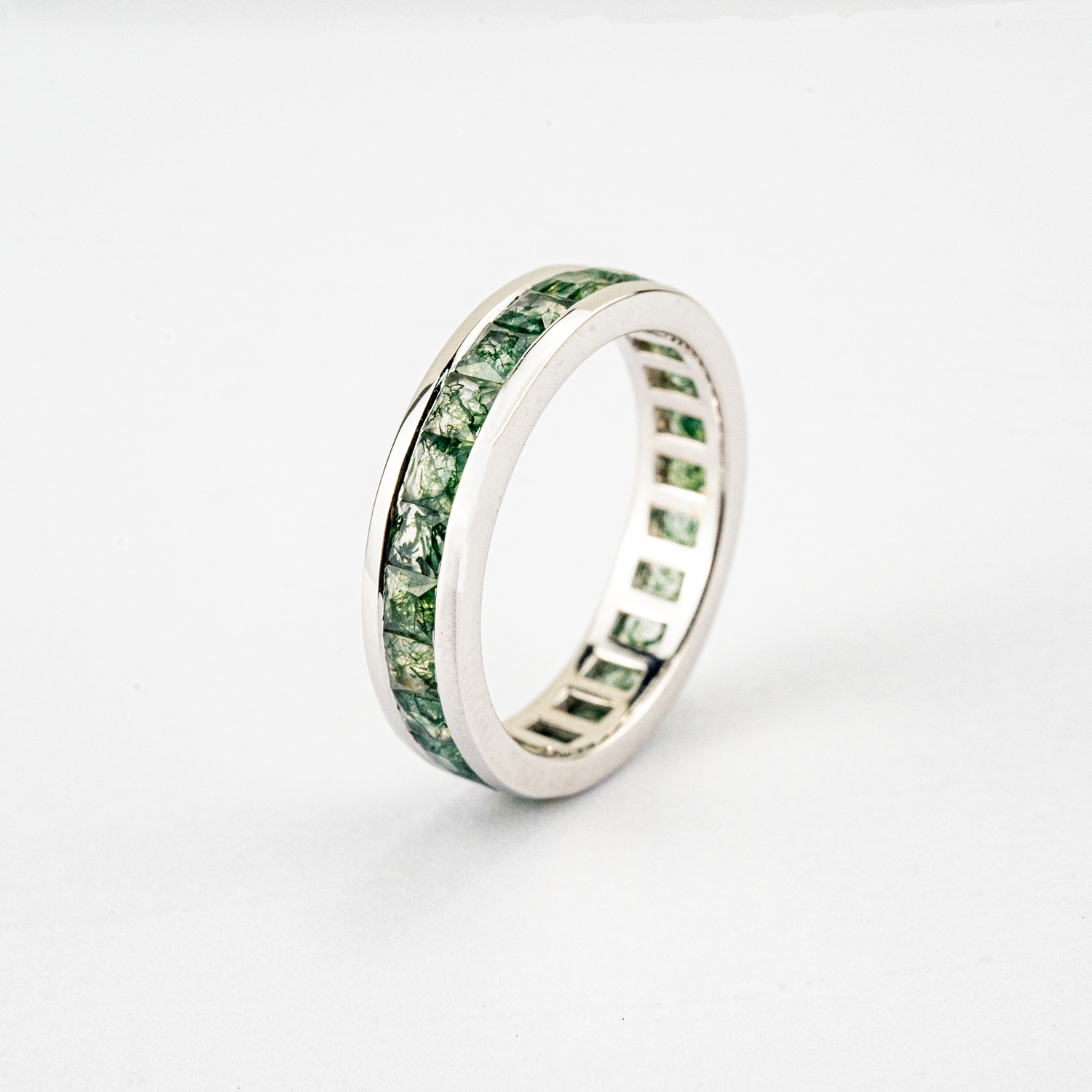 Classic Moss Agate Elegant White Gold Band Moss Agate Engagement Ring