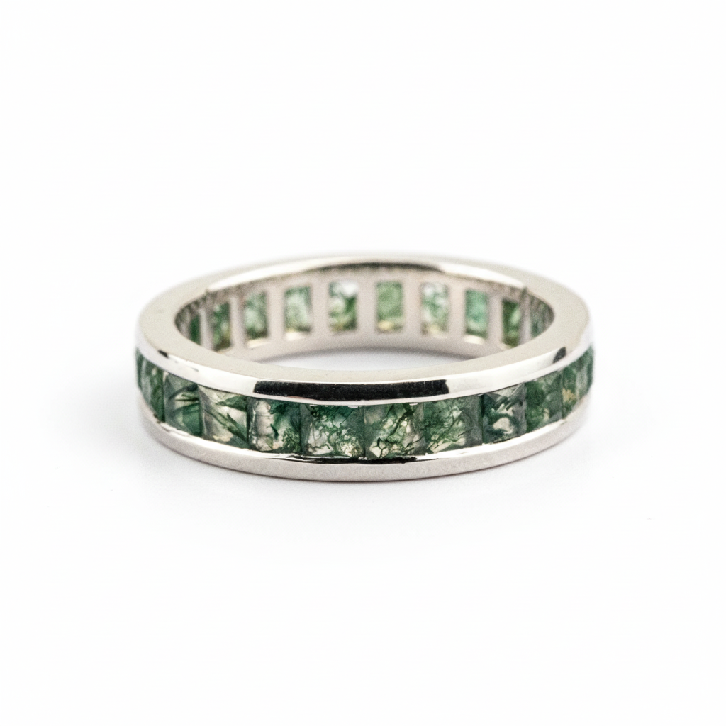 Front view of Moss Agate Wedding Band in White Gold
