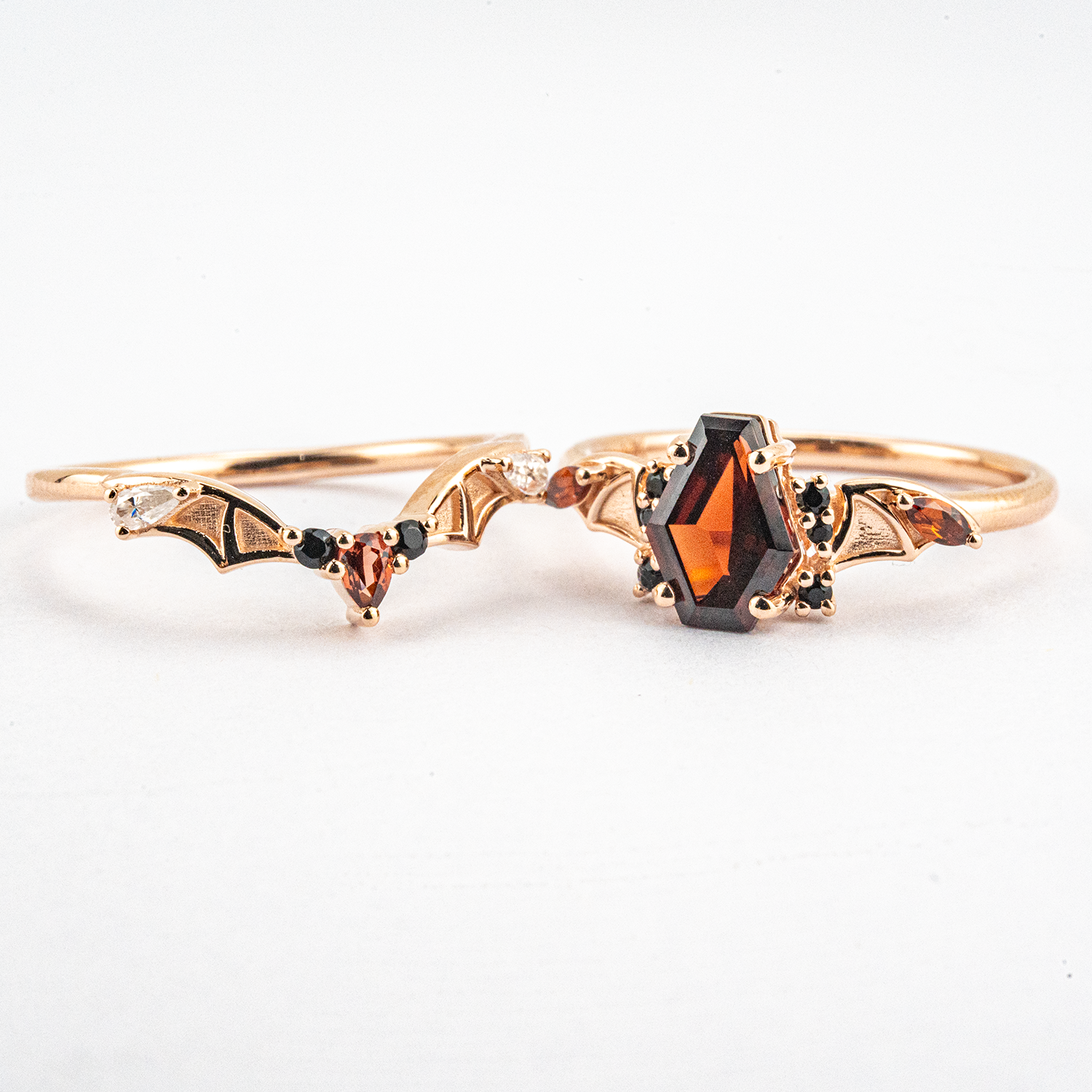 Coffin Garnet with Black Onyx Rose Gold Statement Ring Set Special Engagement Ring
