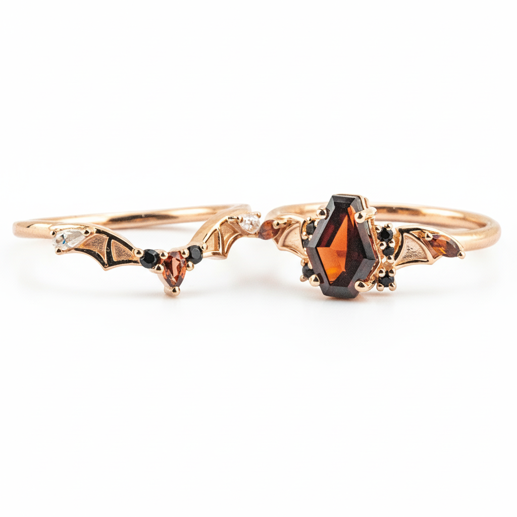 Product view of Coffin Garnet Ring Set in Rose Gold