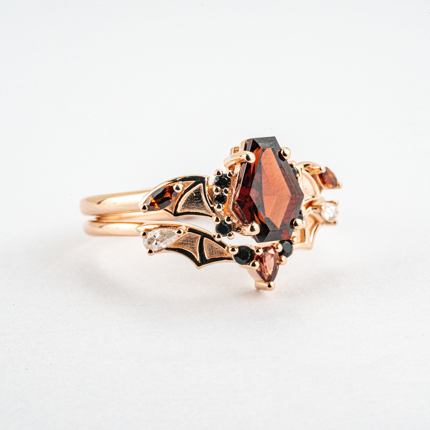 Coffin Garnet with Black Onyx Rose Gold Statement Ring Set Special Engagement Ring